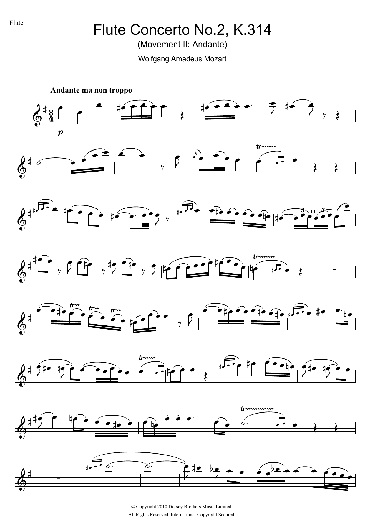 Wolfgang Amadeus Mozart Flute Concerto No. 2, 2nd Movement Sheet Music Notes & Chords for Flute - Download or Print PDF