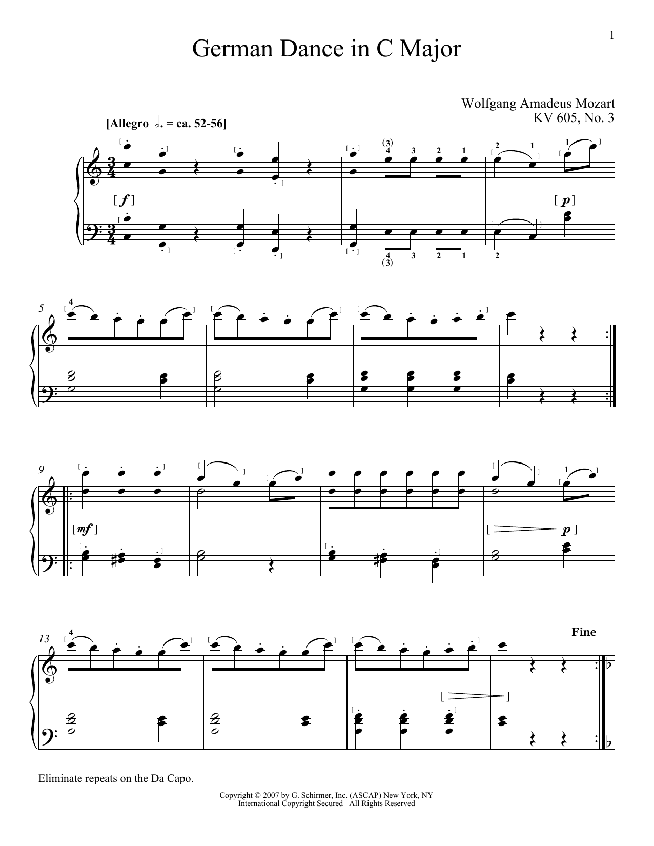 Wolfgang Amadeus Mozart German Dance In C Major, K605, No. 3 Sheet Music Notes & Chords for Piano Solo - Download or Print PDF