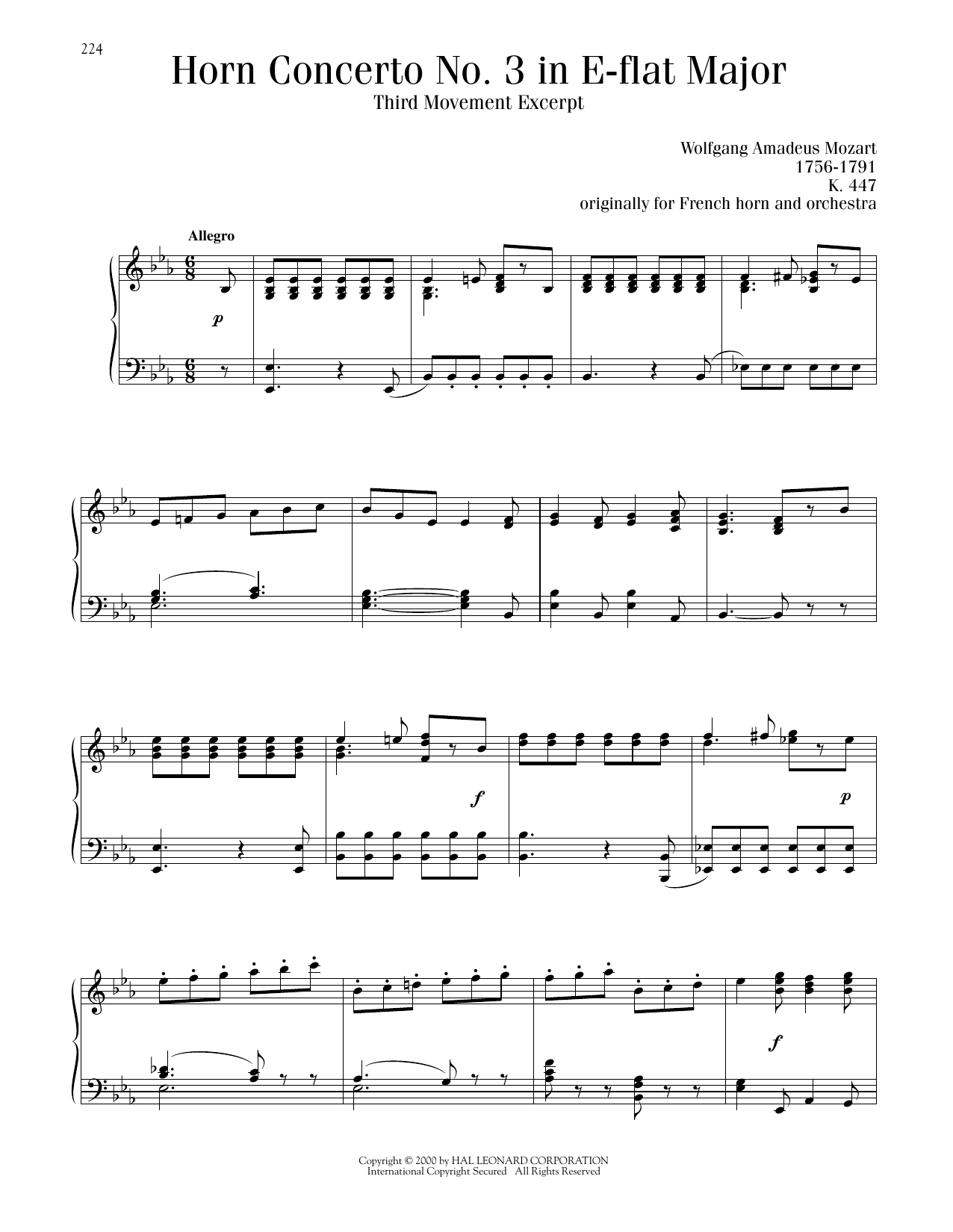 Wolfgang Amadeus Mozart Horn Concerto No. 3, Third Movement Excerpt Sheet Music Notes & Chords for Piano Solo - Download or Print PDF