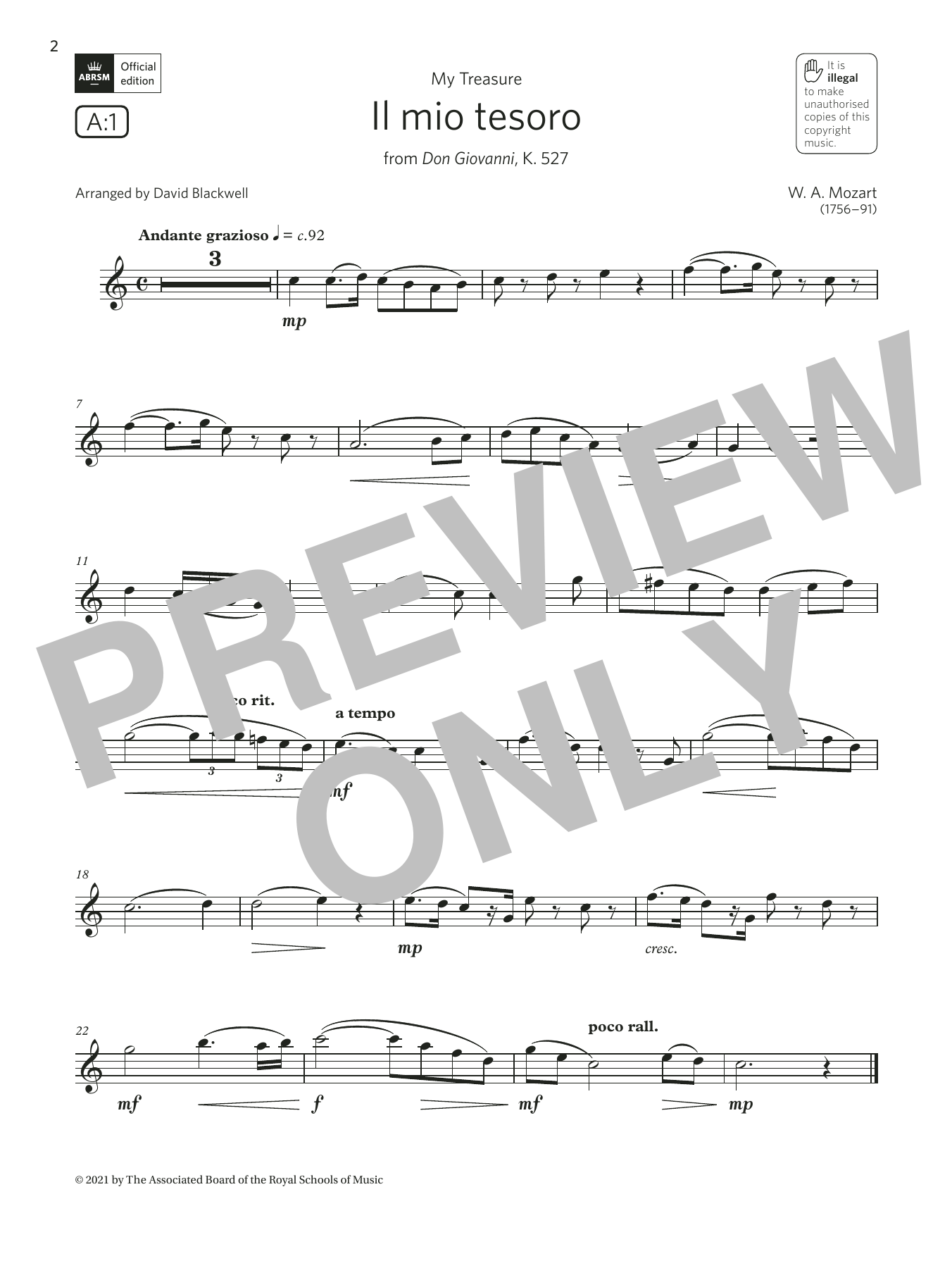 Wolfgang Amadeus Mozart Il mio tesoro (from Don Giovanni) (Grade 3 List A1 from the ABRSM Clarinet syllabus from 2022) Sheet Music Notes & Chords for Clarinet Solo - Download or Print PDF