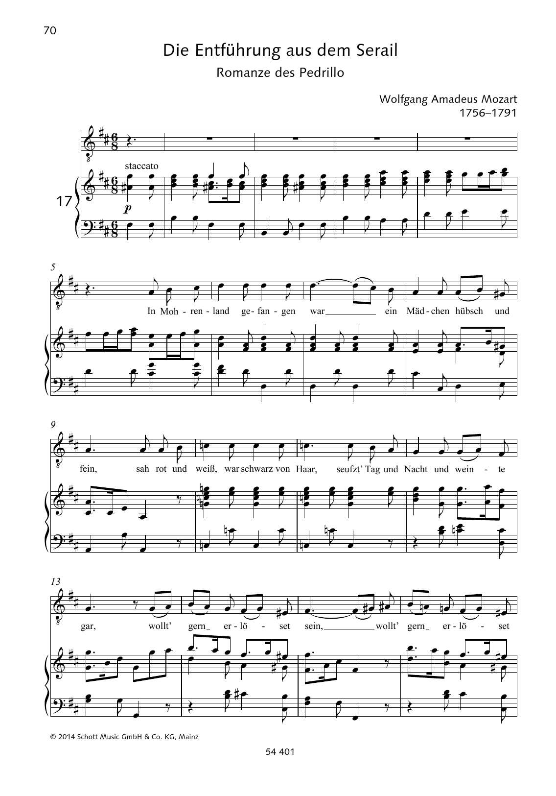 Wolfgang Amadeus Mozart In Mohrenland gefangen Sheet Music Notes & Chords for Piano & Vocal - Download or Print PDF