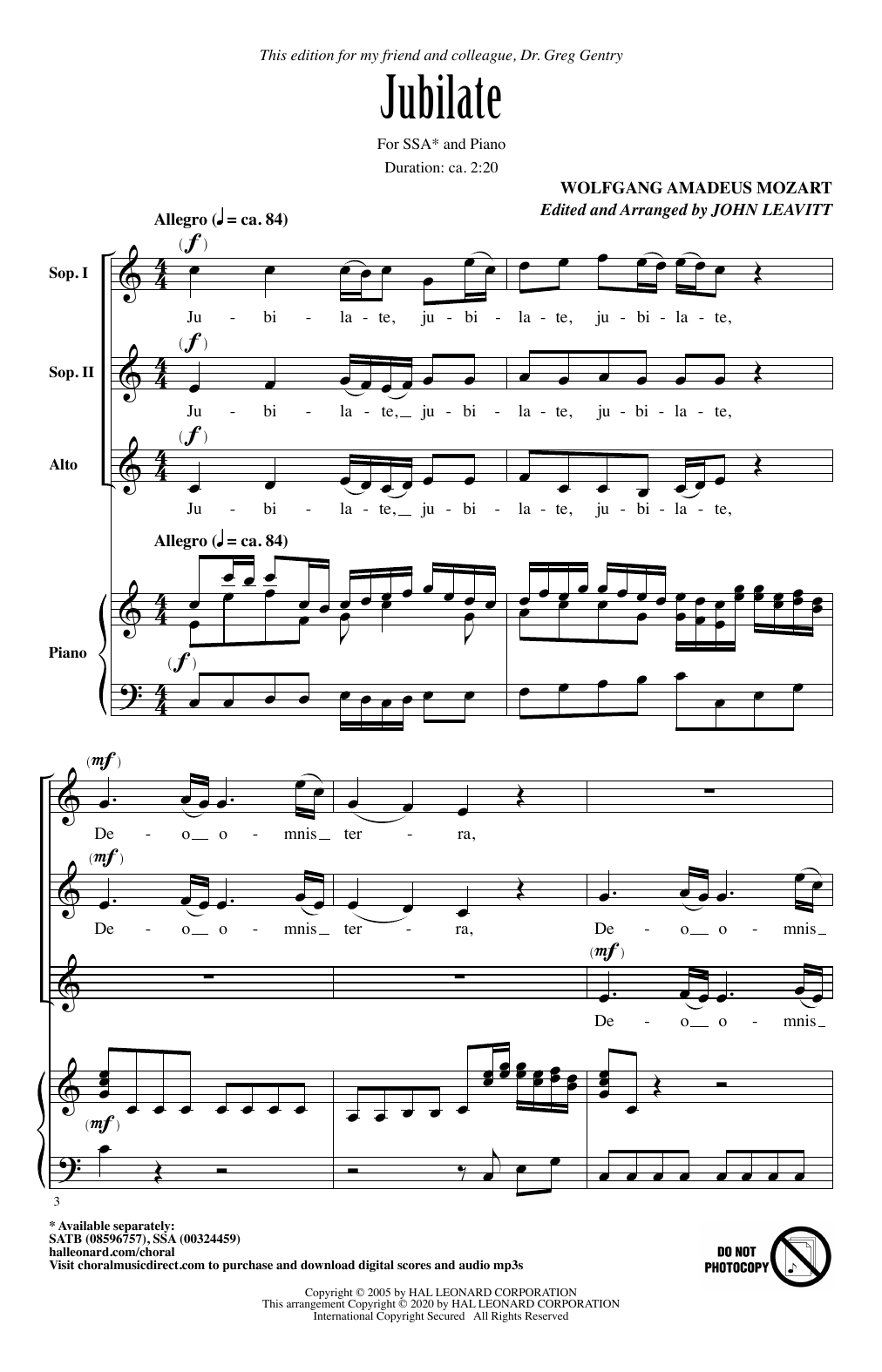 Wolfgang Amadeus Mozart Jubilate (arr. John Leavitt) Sheet Music Notes & Chords for SSA Choir - Download or Print PDF