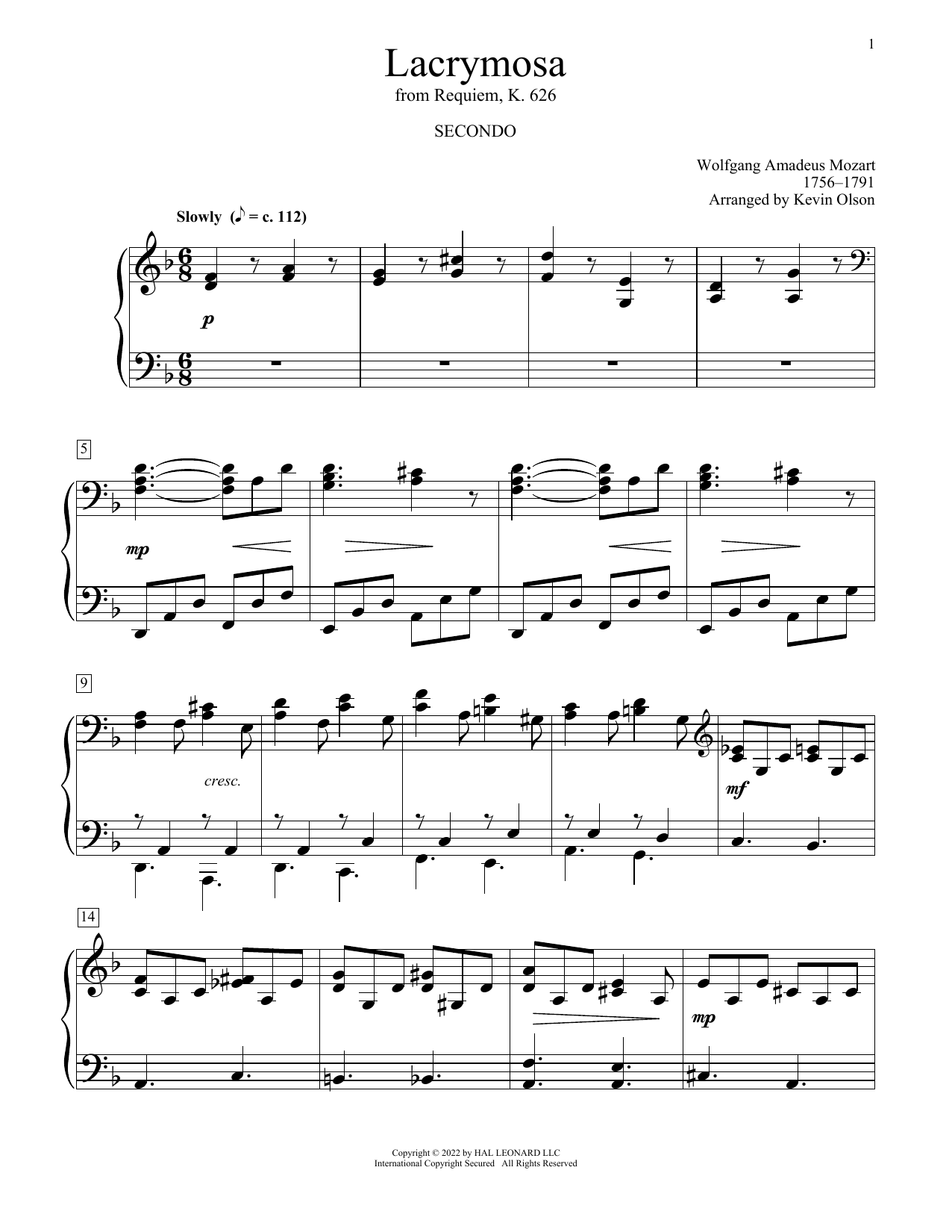 Wolfgang Amadeus Mozart Lacrymosa (arr. Kevin Olson) Sheet Music Notes & Chords for Piano Duet - Download or Print PDF