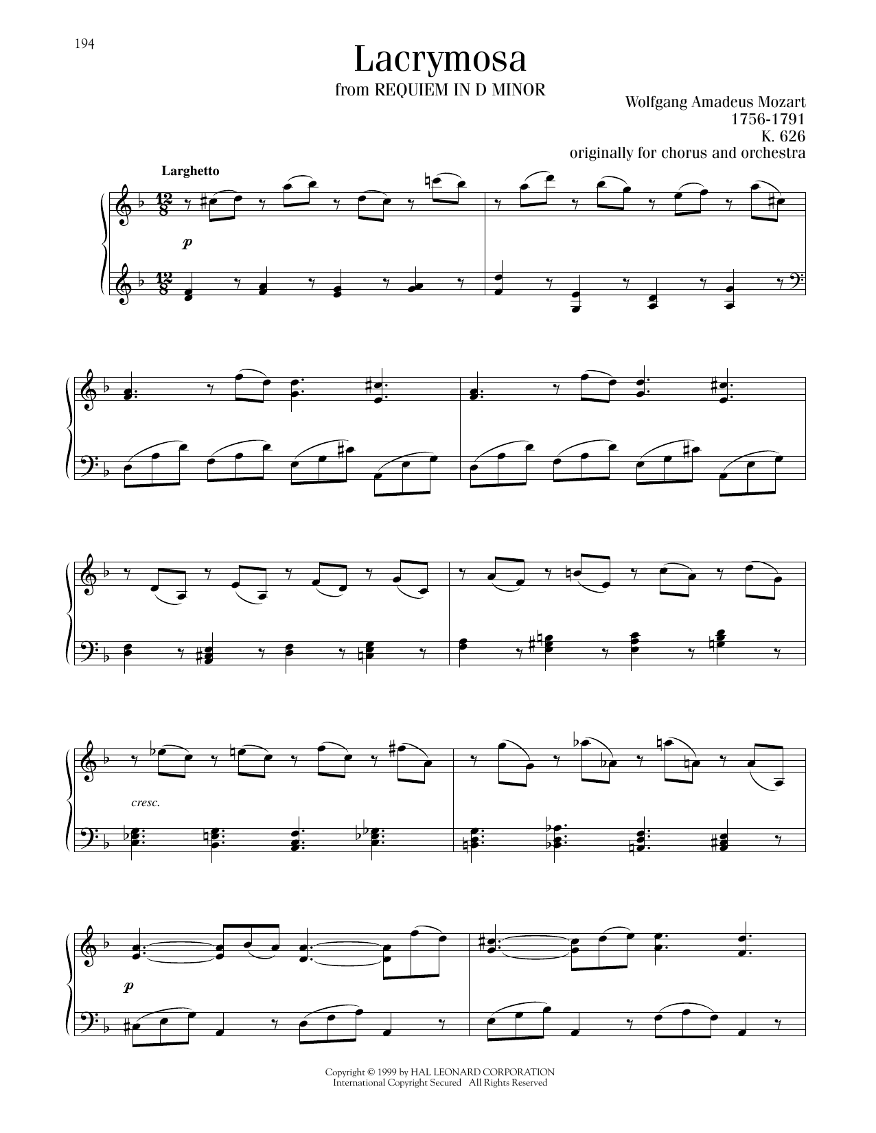 Wolfgang Amadeus Mozart Lacrymosa Sheet Music Notes & Chords for Piano Solo - Download or Print PDF