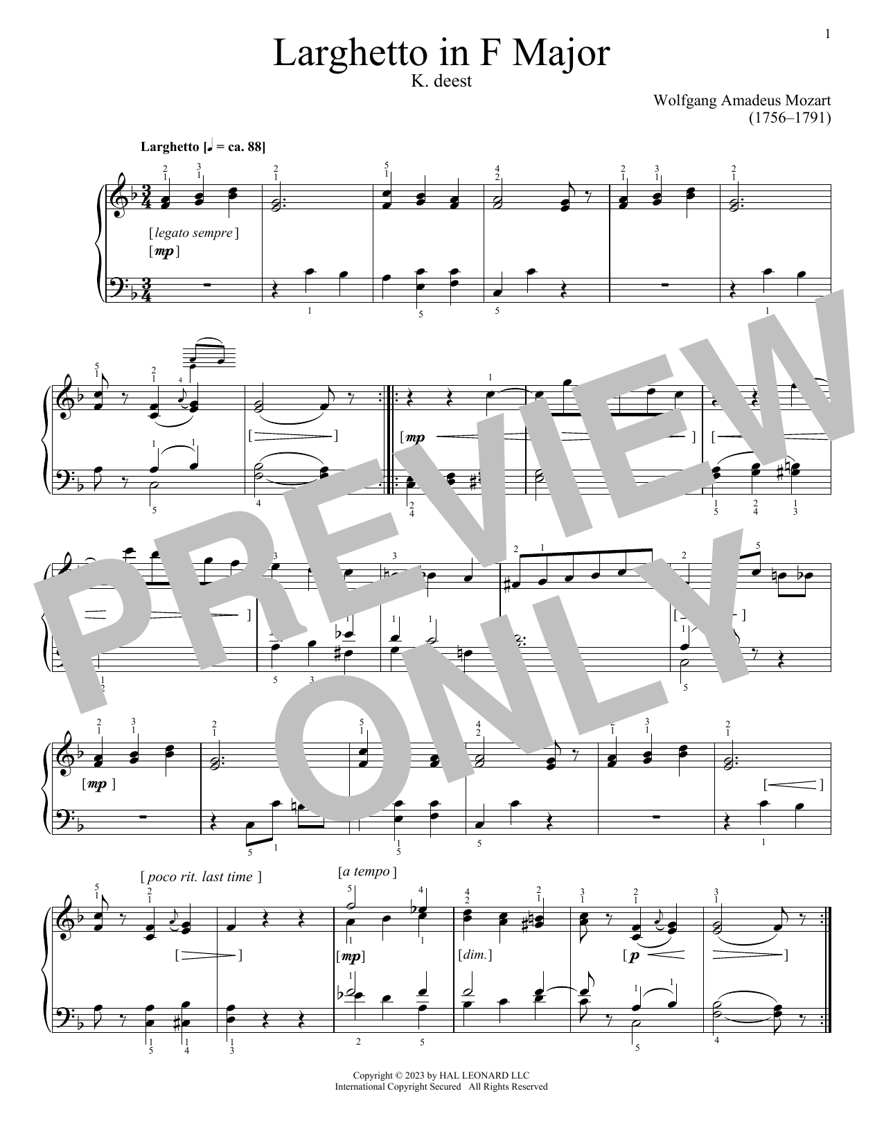 Wolfgang Amadeus Mozart Larghetto in F Major, K. deest Sheet Music Notes & Chords for Piano Solo - Download or Print PDF