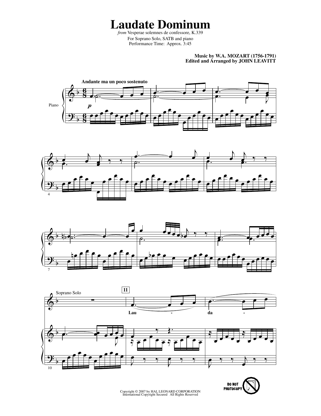 Wolfgang Amadeus Mozart Laudate Dominum (from Vesperae solennes de confessore, K. 339) (arr. John Leavitt) Sheet Music Notes & Chords for SATB Choir - Download or Print PDF