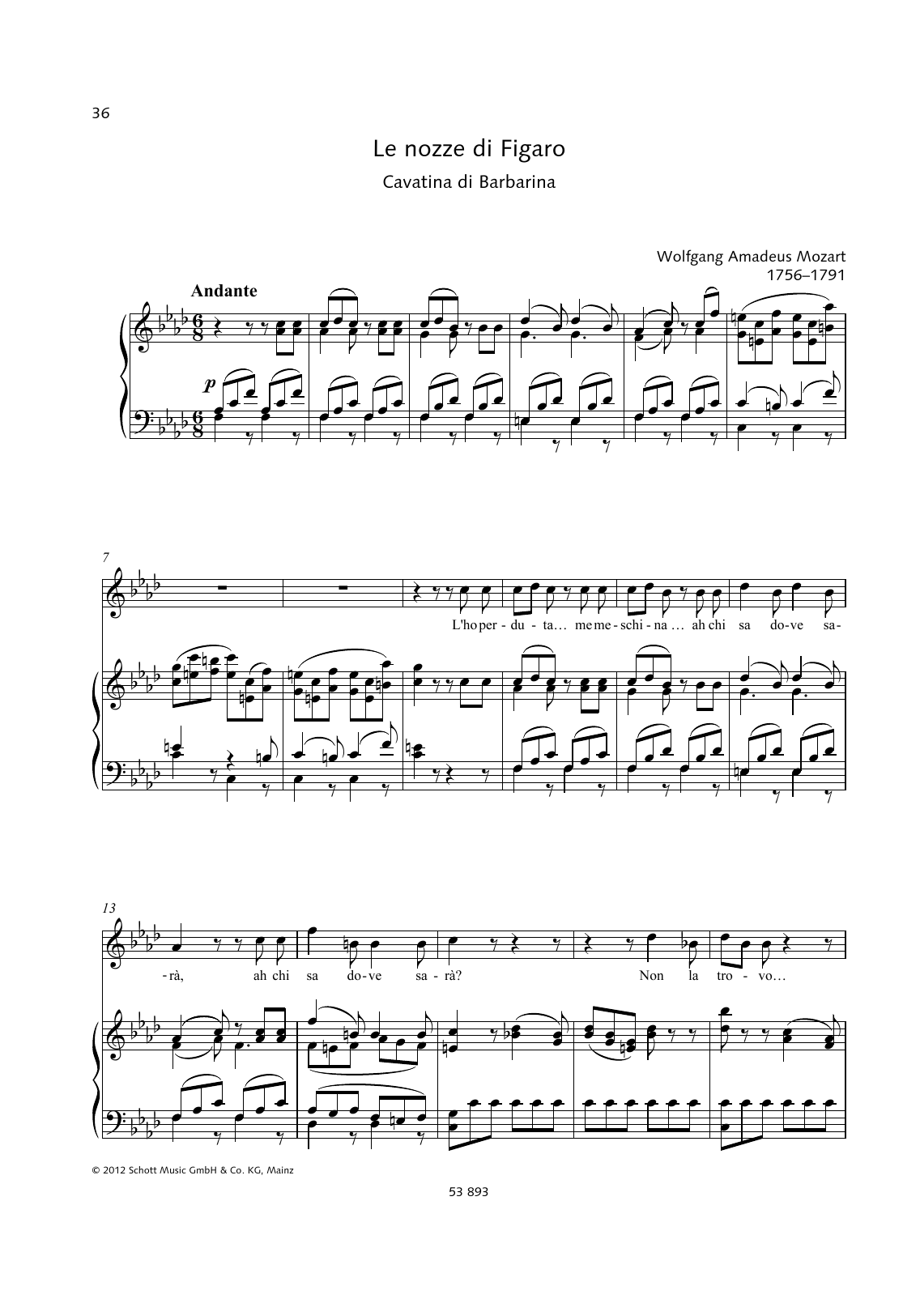Wolfgang Amadeus Mozart L'ho perduta Sheet Music Notes & Chords for Piano & Vocal - Download or Print PDF