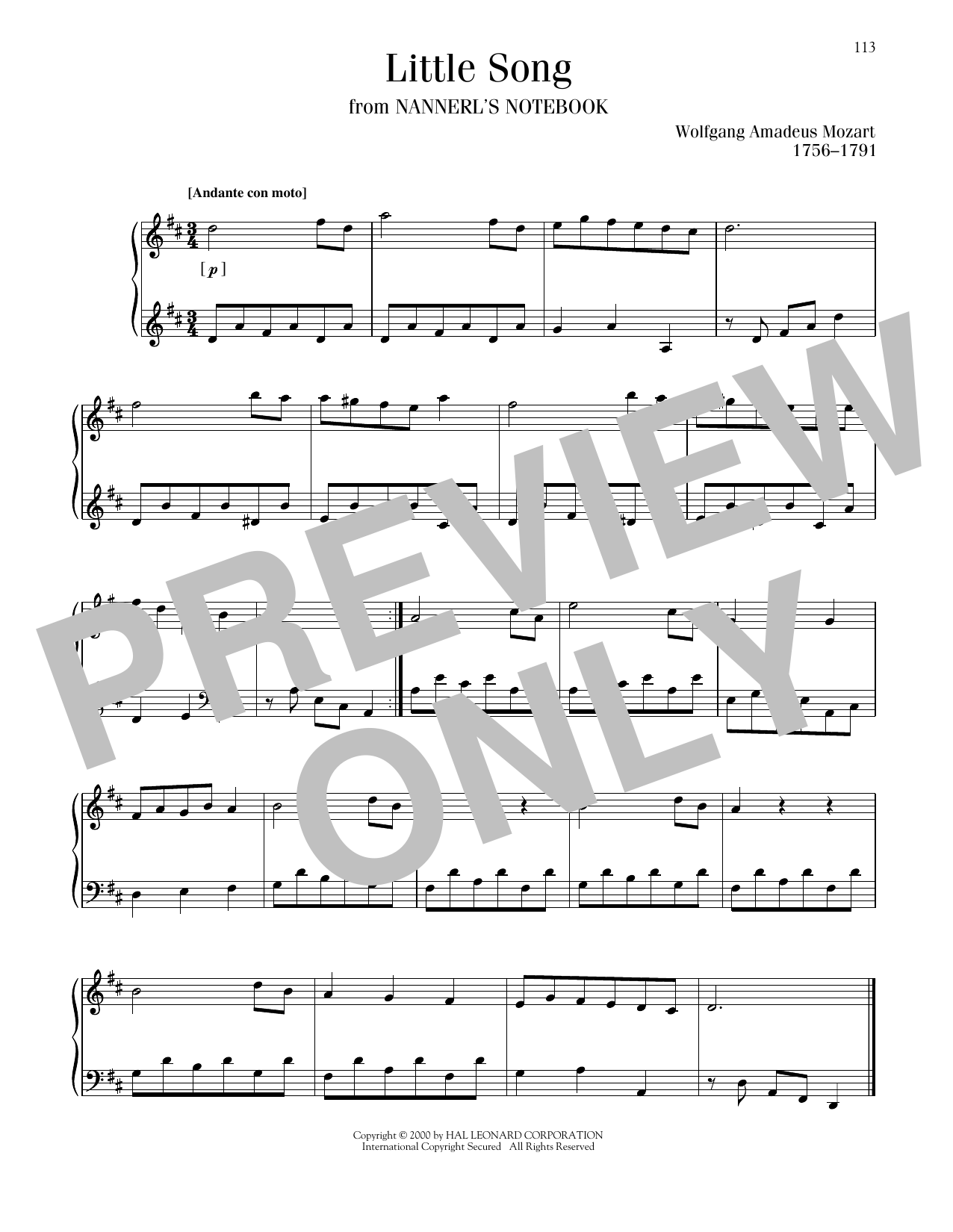 Wolfgang Amadeus Mozart Little Song Sheet Music Notes & Chords for Piano Solo - Download or Print PDF