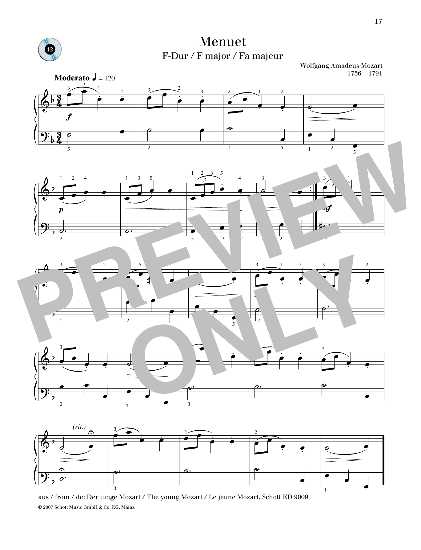 Wolfgang Amadeus Mozart Minuet F major Sheet Music Notes & Chords for Piano Solo - Download or Print PDF
