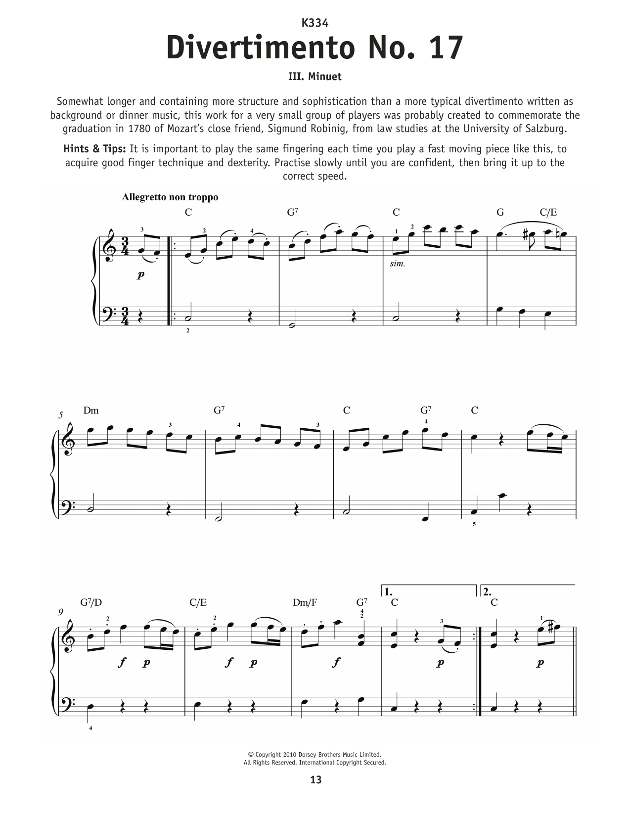 Wolfgang Amadeus Mozart Minuet From Divertimento No. 17 K334 Sheet Music Notes & Chords for Really Easy Piano - Download or Print PDF