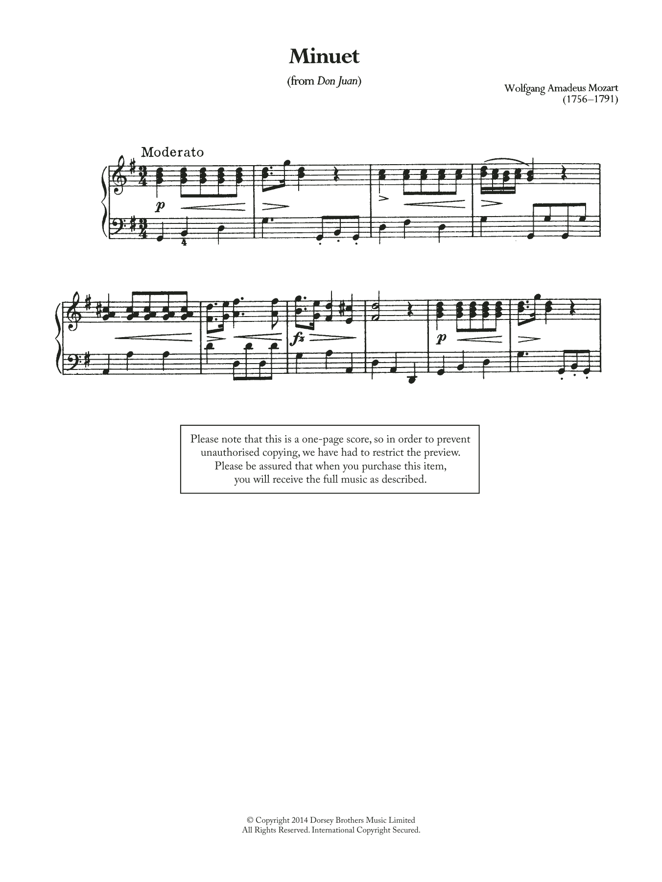 Wolfgang Amadeus Mozart Minuet (From 'Don Juan') Sheet Music Notes & Chords for Piano - Download or Print PDF