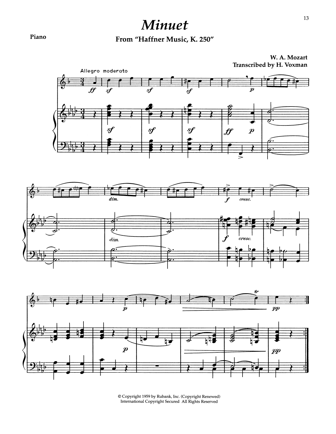 Wolfgang Amadeus Mozart Minuet (from Haffner Music) Sheet Music Notes & Chords for Alto Sax and Piano - Download or Print PDF