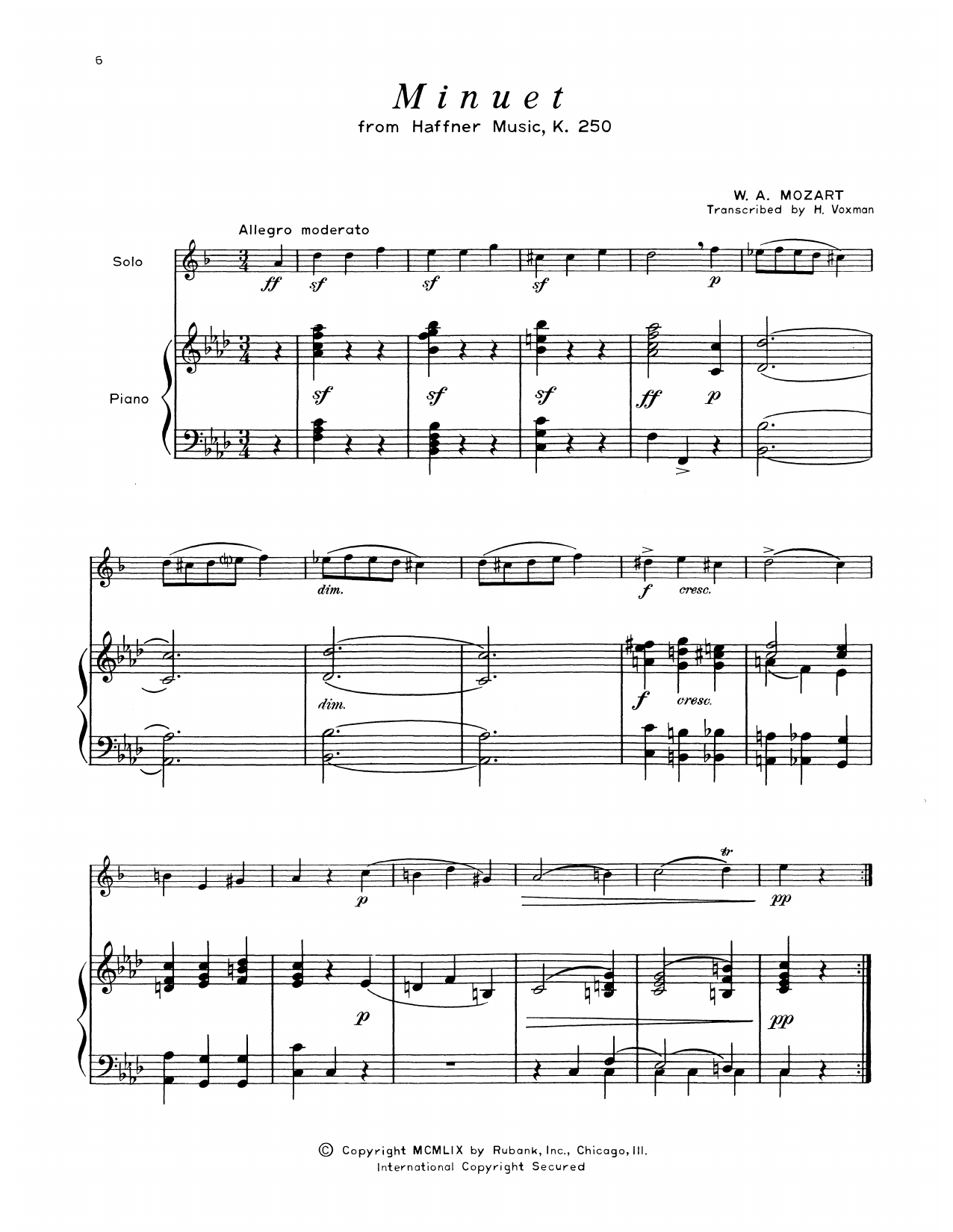 Wolfgang Amadeus Mozart Minuet (from Haffner Music) Sheet Music Notes & Chords for Alto Sax and Piano - Download or Print PDF