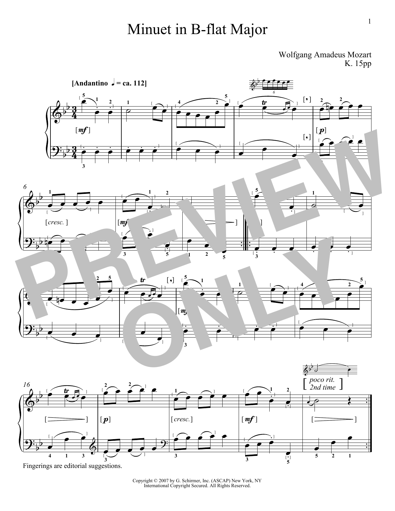 Wolfgang Amadeus Mozart Minuet In B-Flat Major, KV 15pp Sheet Music Notes & Chords for Piano - Download or Print PDF