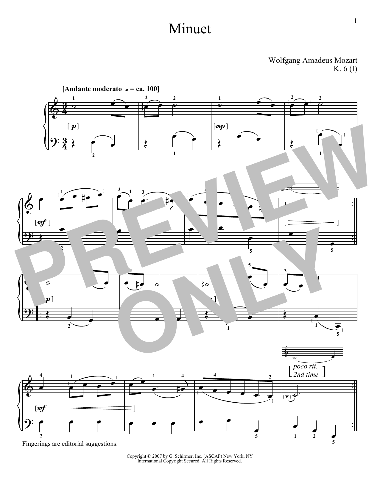 Wolfgang Amadeus Mozart Minuet In C Major, K. 6 Sheet Music Notes & Chords for Piano - Download or Print PDF