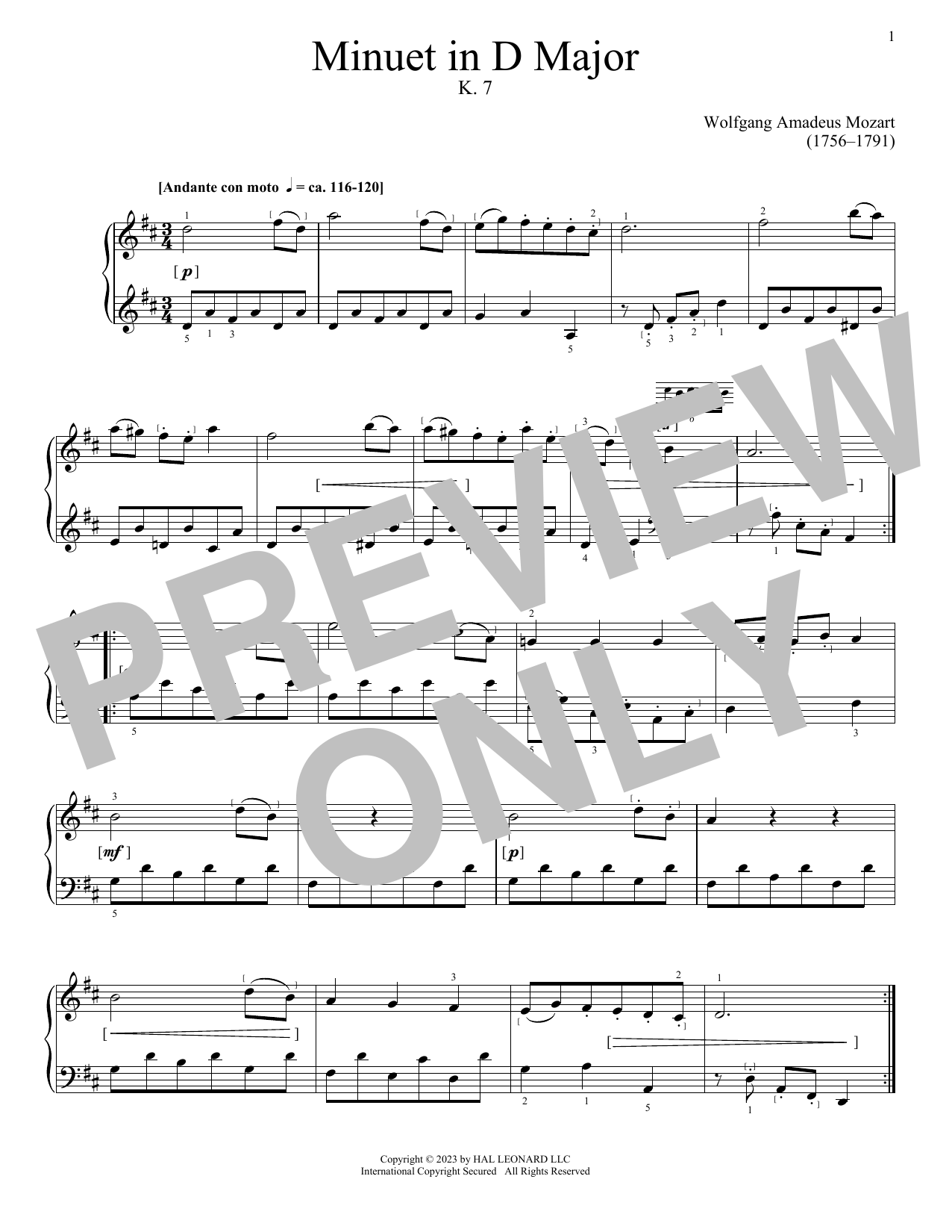 Wolfgang Amadeus Mozart Minuet In D, K. 7 Sheet Music Notes & Chords for Piano Solo - Download or Print PDF