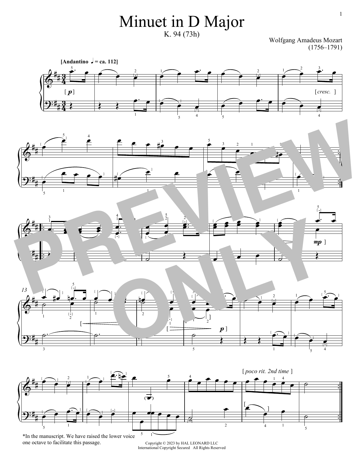 Wolfgang Amadeus Mozart Minuet in D Major, K. 94 (73h) Sheet Music Notes & Chords for Piano Solo - Download or Print PDF