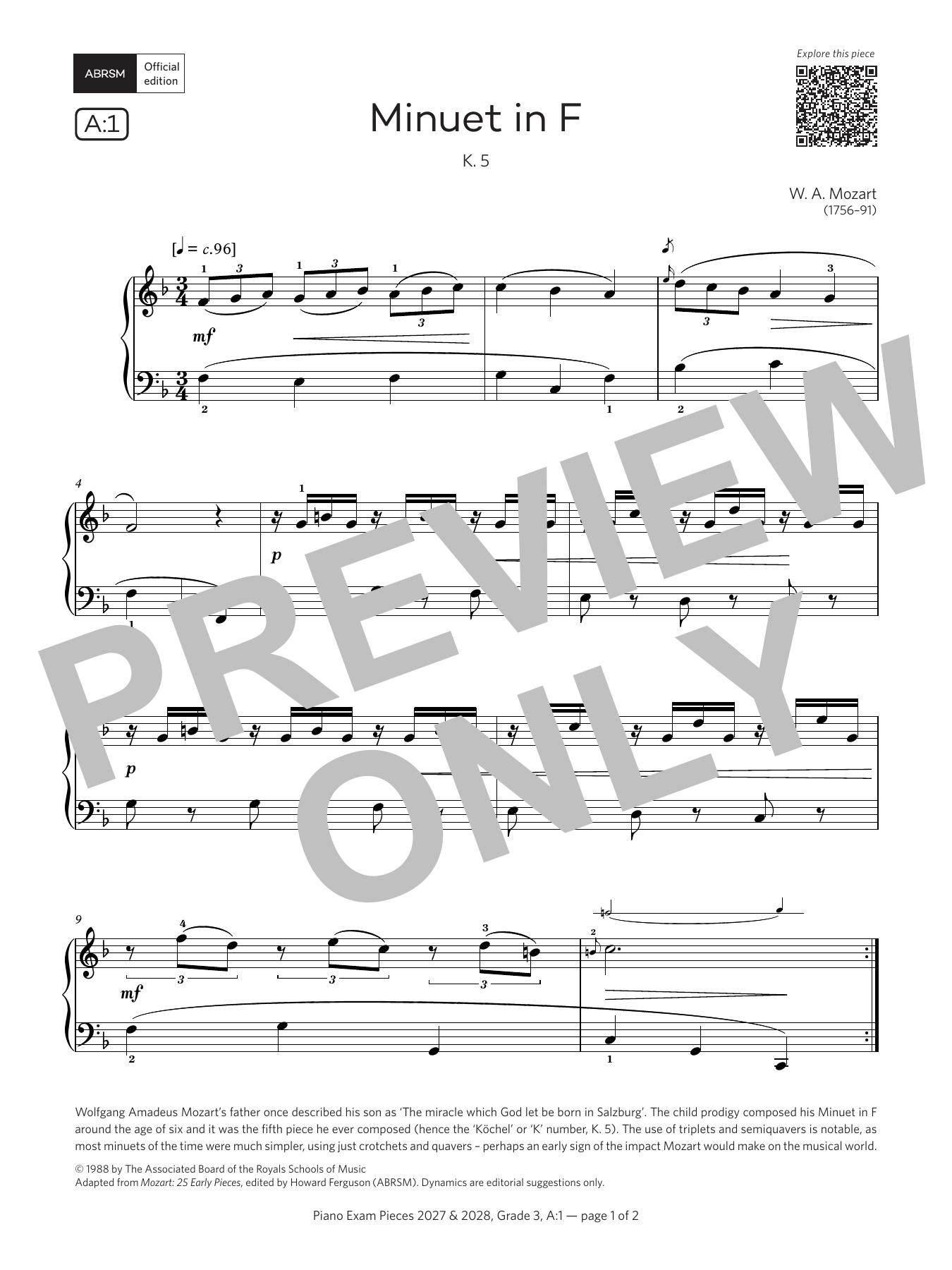 Wolfgang Amadeus Mozart Minuet in F (Grade 3, list A1, from the ABRSM Piano Syllabus 2027 & 2028) Sheet Music Notes & Chords for Piano Solo - Download or Print PDF