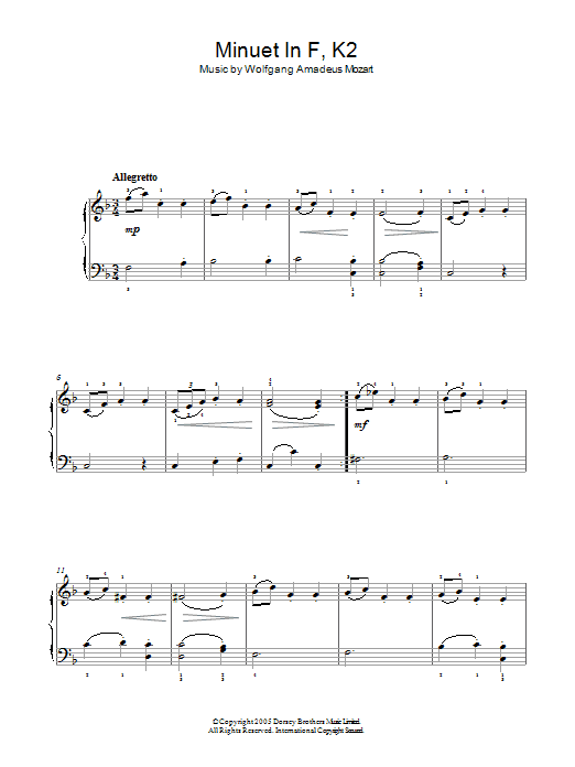 Wolfgang Amadeus Mozart Minuet in F, K2 Sheet Music Notes & Chords for Easy Piano - Download or Print PDF