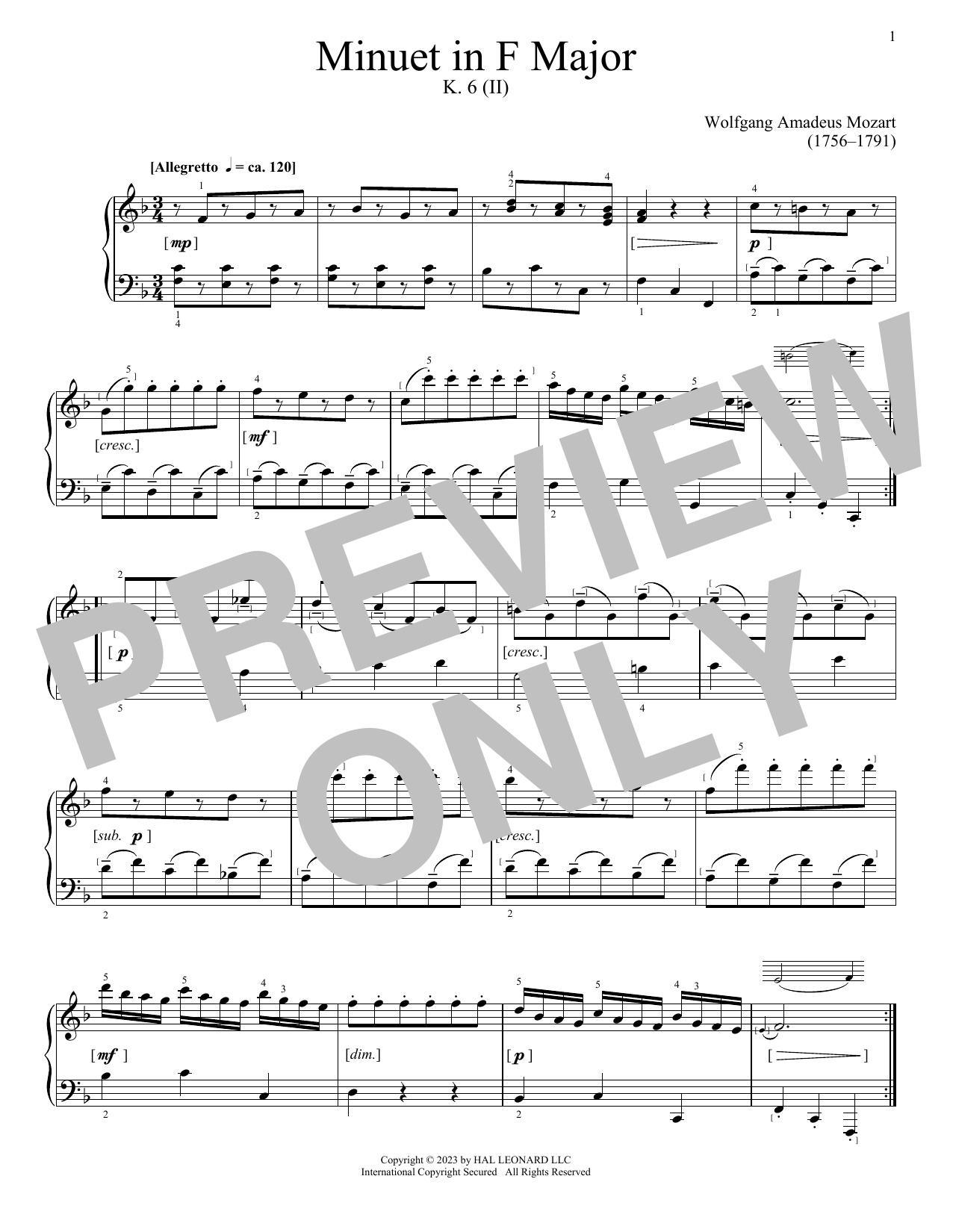 Wolfgang Amadeus Mozart Minuet in F Major, K. 6 (II) Sheet Music Notes & Chords for Piano Solo - Download or Print PDF