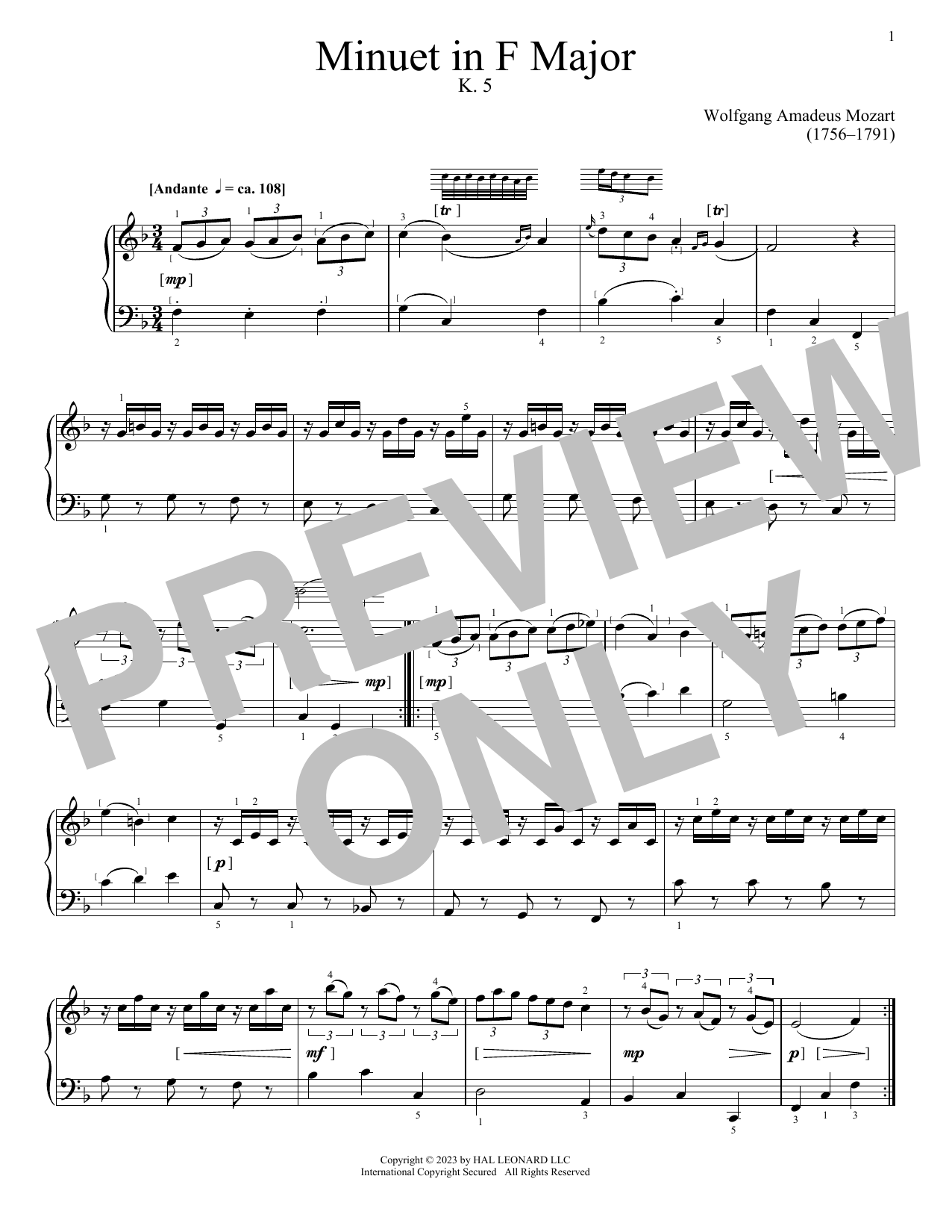 Wolfgang Amadeus Mozart Minuet In F Major Sheet Music Notes & Chords for Piano Solo - Download or Print PDF