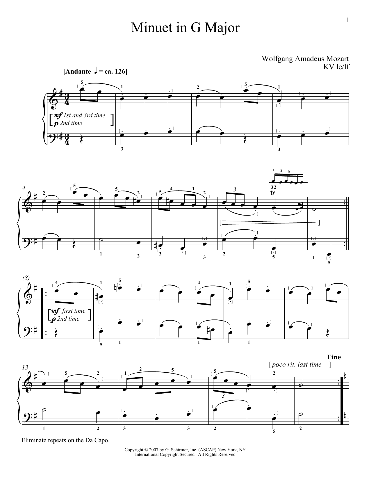 Wolfgang Amadeus Mozart Minuet In G Major, K. 1 Sheet Music Notes & Chords for Piano - Download or Print PDF