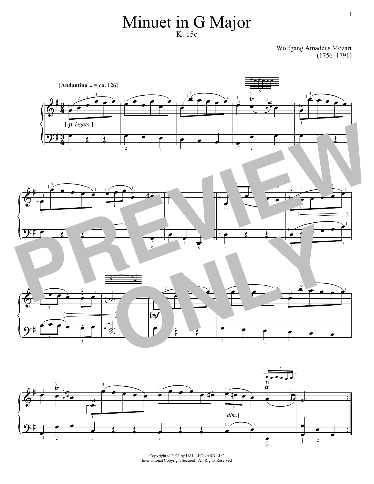 Wolfgang Amadeus Mozart Minuet in G Major, K. 15c Sheet Music Notes & Chords for Piano Solo - Download or Print PDF