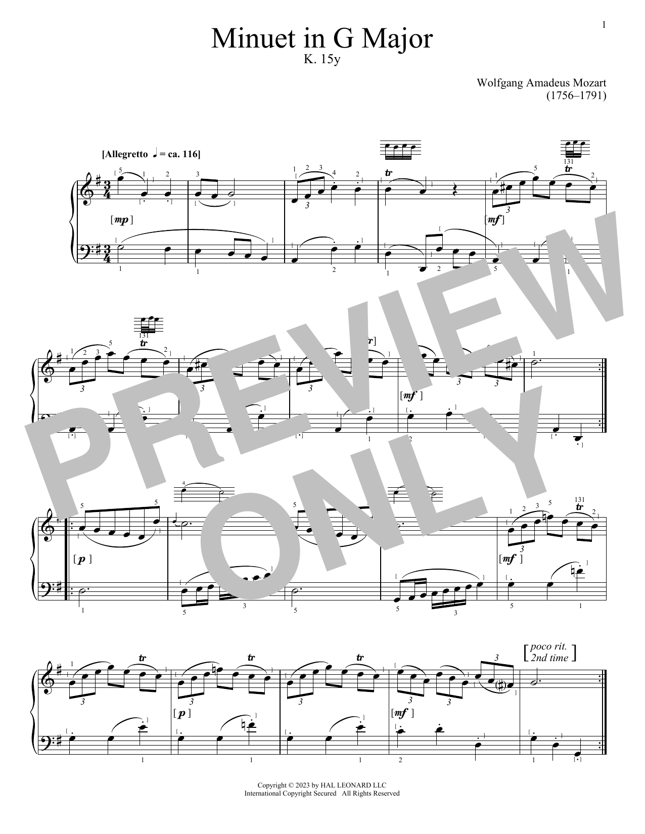 Wolfgang Amadeus Mozart Minuet in G Major, K. 15y Sheet Music Notes & Chords for Piano Solo - Download or Print PDF