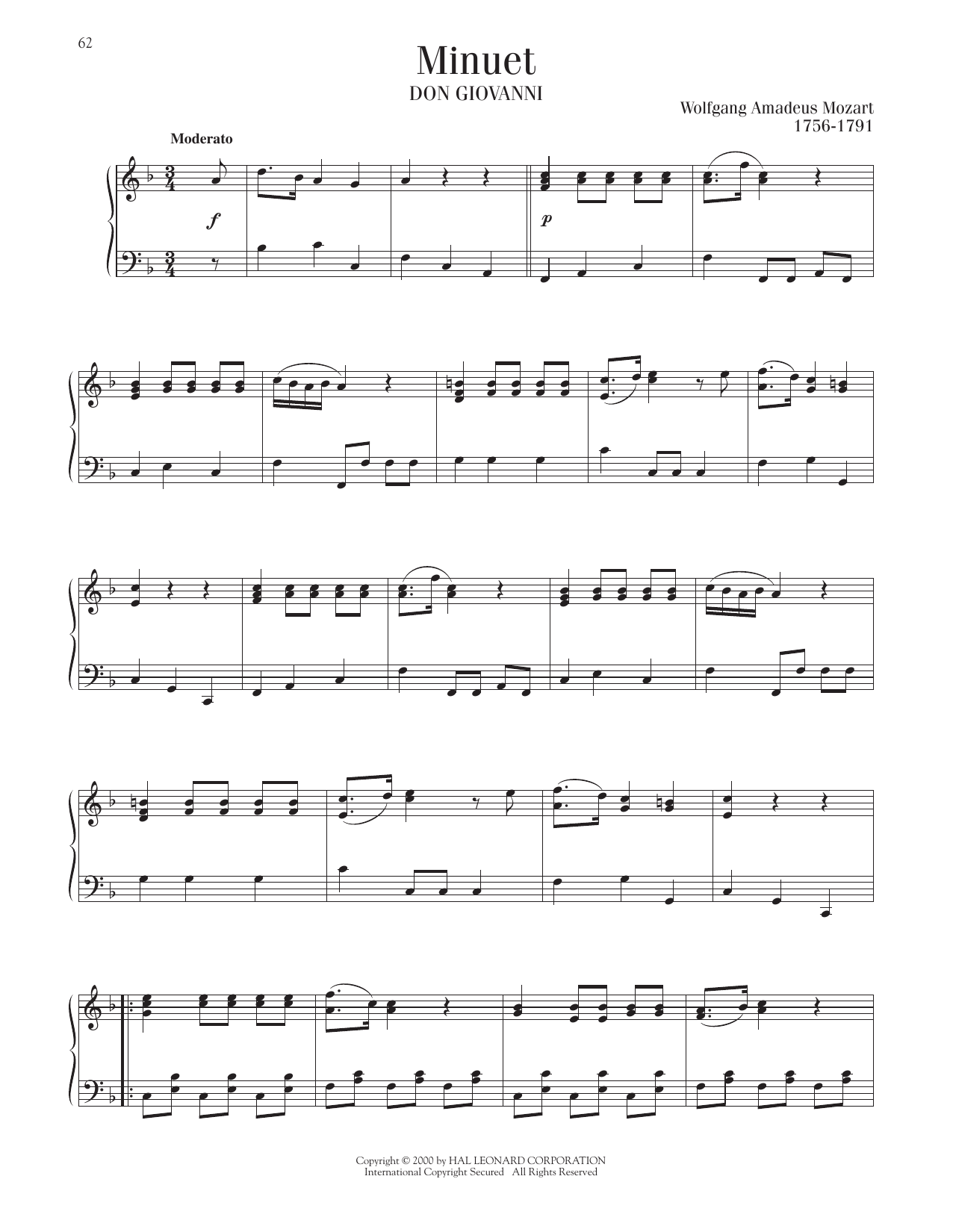 Wolfgang Amadeus Mozart Minuet Sheet Music Notes & Chords for Piano Solo - Download or Print PDF
