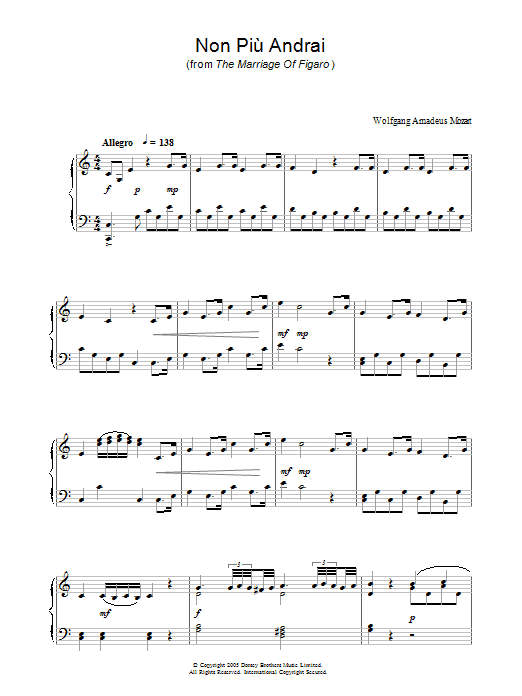 Wolfgang Amadeus Mozart Non Più Andrai (from The Marriage Of Figaro) Sheet Music Notes & Chords for Easy Piano - Download or Print PDF