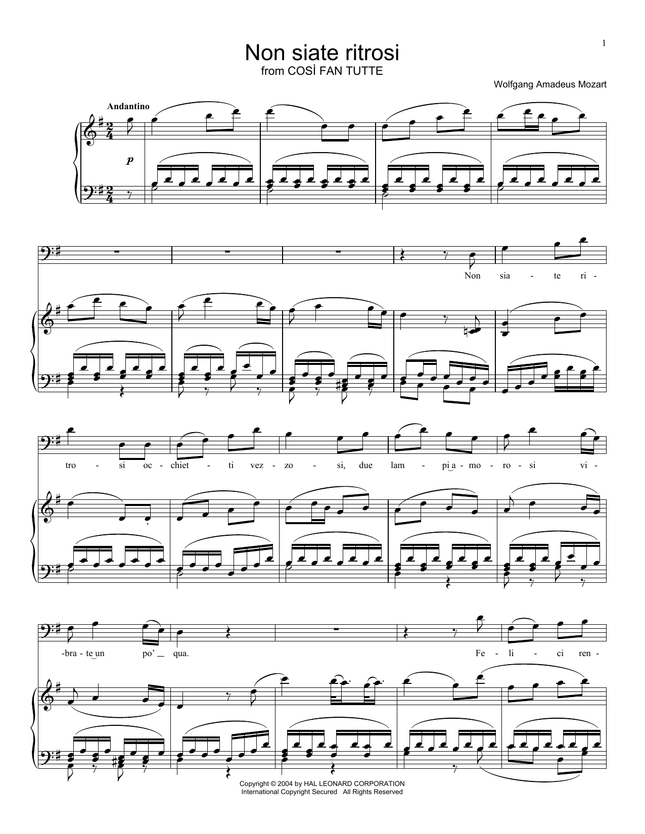 Wolfgang Amadeus Mozart Non Siate Ritrosi Sheet Music Notes & Chords for Piano, Vocal & Guitar (Right-Hand Melody) - Download or Print PDF