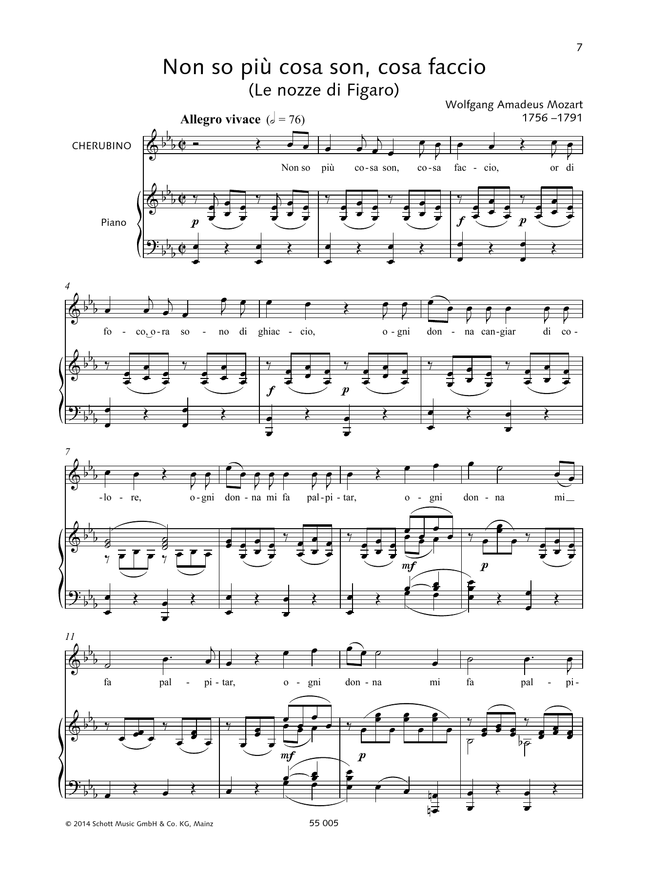 Wolfgang Amadeus Mozart Non so più cosa son, cosa faccio Sheet Music Notes & Chords for Piano & Vocal - Download or Print PDF