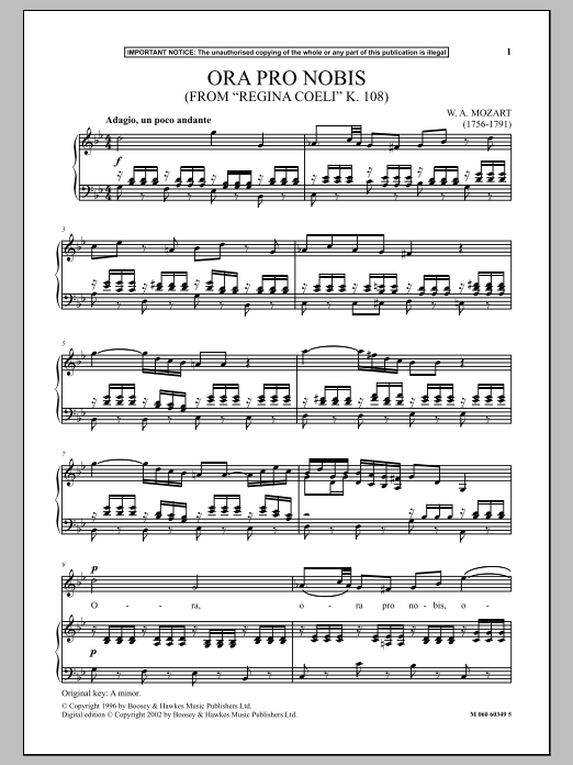 Wolfgang Amadeus Mozart Ora Pro Nobis (from Regina Coeli K. 108) Sheet Music Notes & Chords for Piano & Vocal - Download or Print PDF Wolfgang Amadeus Mozart Ora Pro Nobis (from Regina Coeli K. 108) Sheet Music Notes & Chords for Piano & Vocal - Download or Print PDF