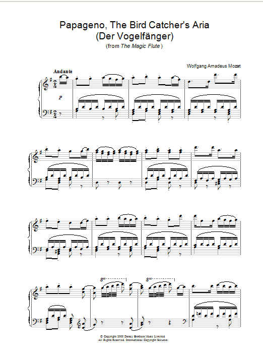 Wolfgang Amadeus Mozart Papageno, The Bird Catcher's Aria (Der Vogelfänger) (from The Magic Flute) Sheet Music Notes & Chords for 5-Finger Piano - Download or Print PDF