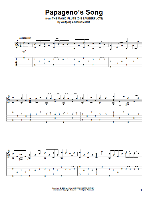 Wolfgang Amadeus Mozart Papageno's Song Sheet Music Notes & Chords for Guitar Tab - Download or Print PDF