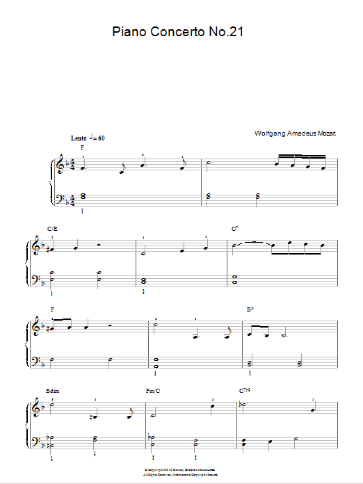 Wolfgang Amadeus Mozart Piano Concerto No. 21 In C Major (Second Movement) Sheet Music Notes & Chords for Easy Piano - Download or Print PDF