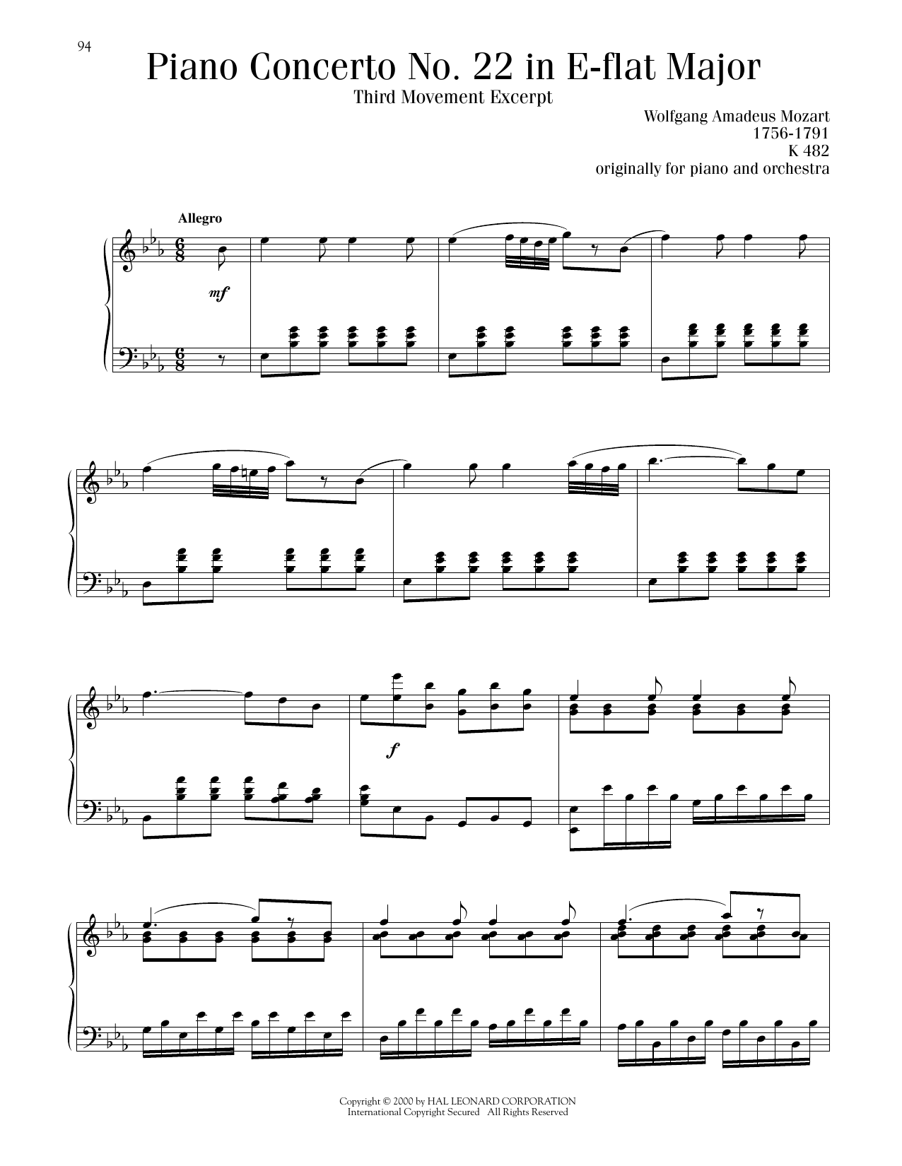 Wolfgang Amadeus Mozart Piano Concerto No. 22 In E-Flat Major Sheet Music Notes & Chords for Piano Solo - Download or Print PDF