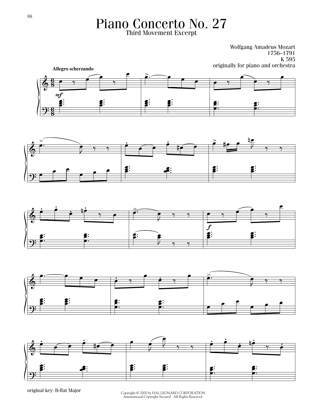 Wolfgang Amadeus Mozart Piano Concerto No. 27, Third Movement Excerpt Sheet Music Notes & Chords for Piano Solo - Download or Print PDF