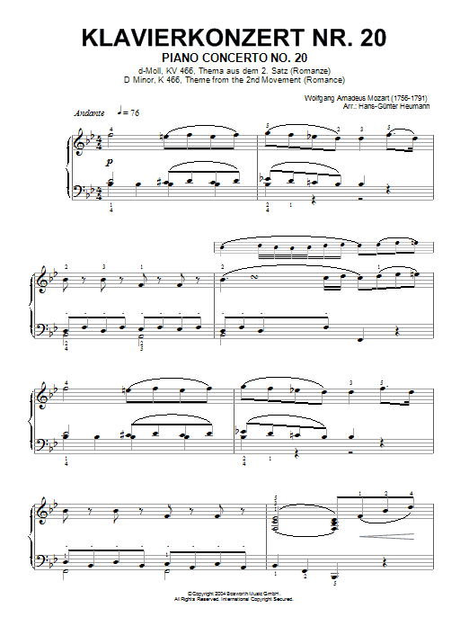 Wolfgang Amadeus Mozart Piano Concerto No.20, theme from the Second Movement (Romance) Sheet Music Notes & Chords for Piano - Download or Print PDF