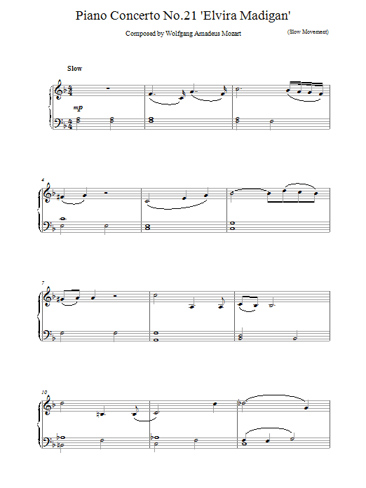 Wolfgang Amadeus Mozart Piano Concerto No.21 Elvira Madigan - (Slow Movement) Sheet Music Notes & Chords for Piano - Download or Print PDF