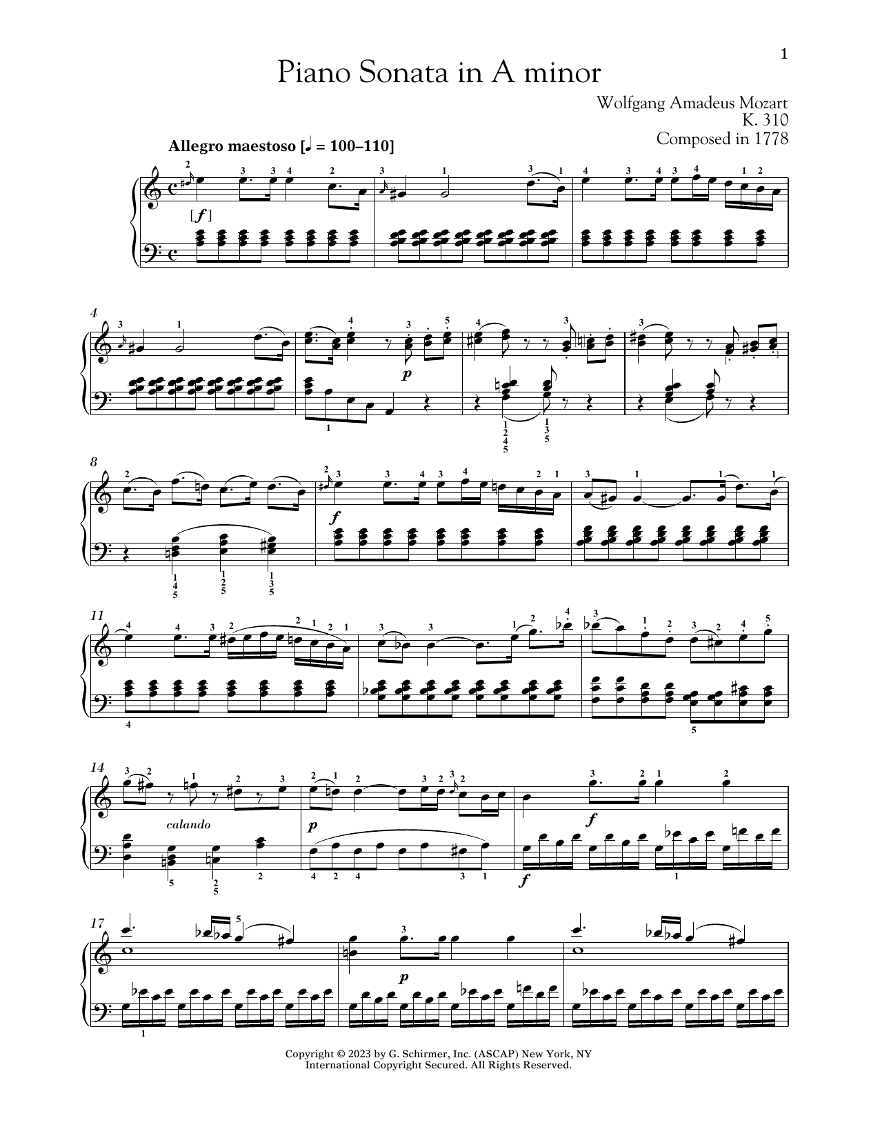 Wolfgang Amadeus Mozart Piano Sonata In A Minor, K. 310 Sheet Music Notes & Chords for Piano Solo - Download or Print PDF