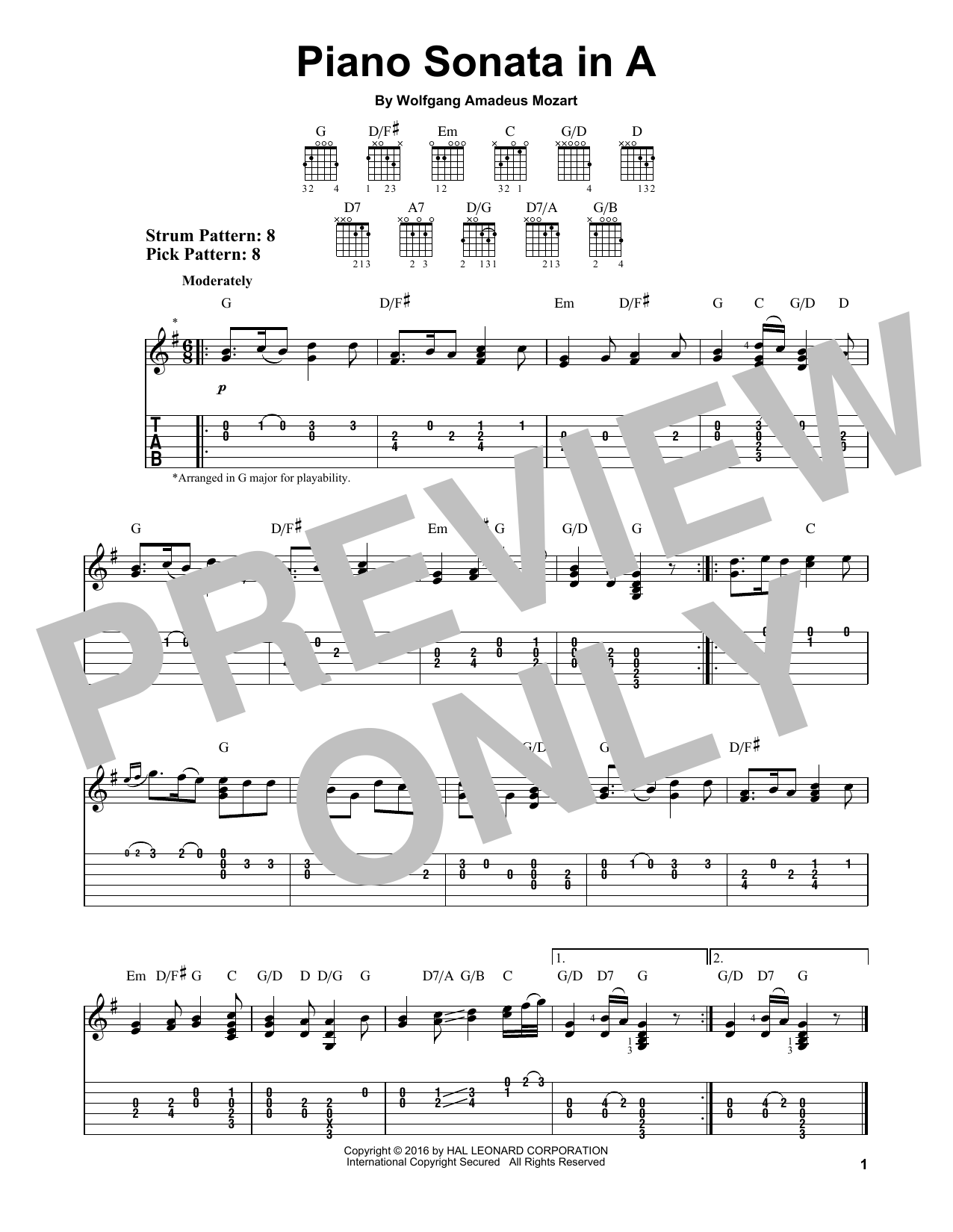 Wolfgang Amadeus Mozart Piano Sonata In A Sheet Music Notes & Chords for Easy Guitar Tab - Download or Print PDF