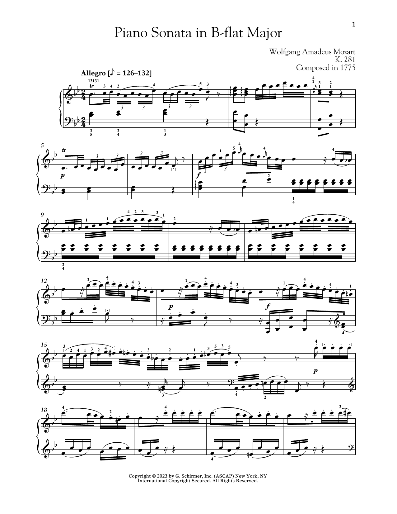 Wolfgang Amadeus Mozart Piano Sonata In B-flat Major, K. 281 Sheet Music Notes & Chords for Piano Solo - Download or Print PDF