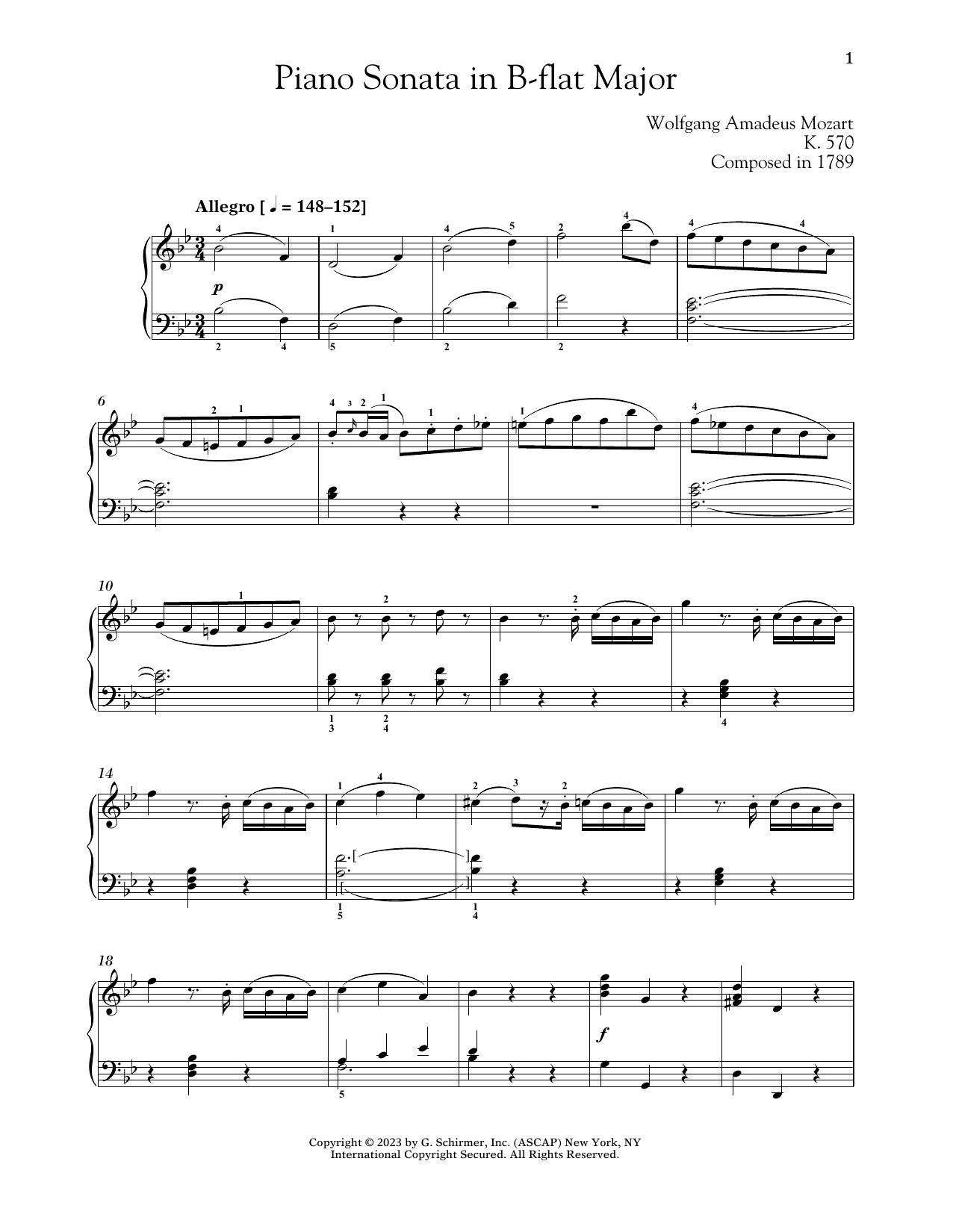 Wolfgang Amadeus Mozart Piano Sonata In B-flat Major, K. 570 Sheet Music Notes & Chords for Piano Solo - Download or Print PDF