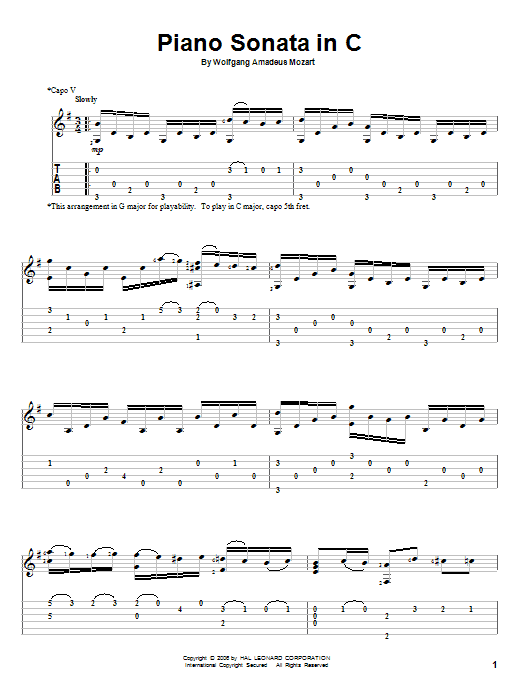 Wolfgang Amadeus Mozart Piano Sonata In C Sheet Music Notes & Chords for Guitar Tab - Download or Print PDF