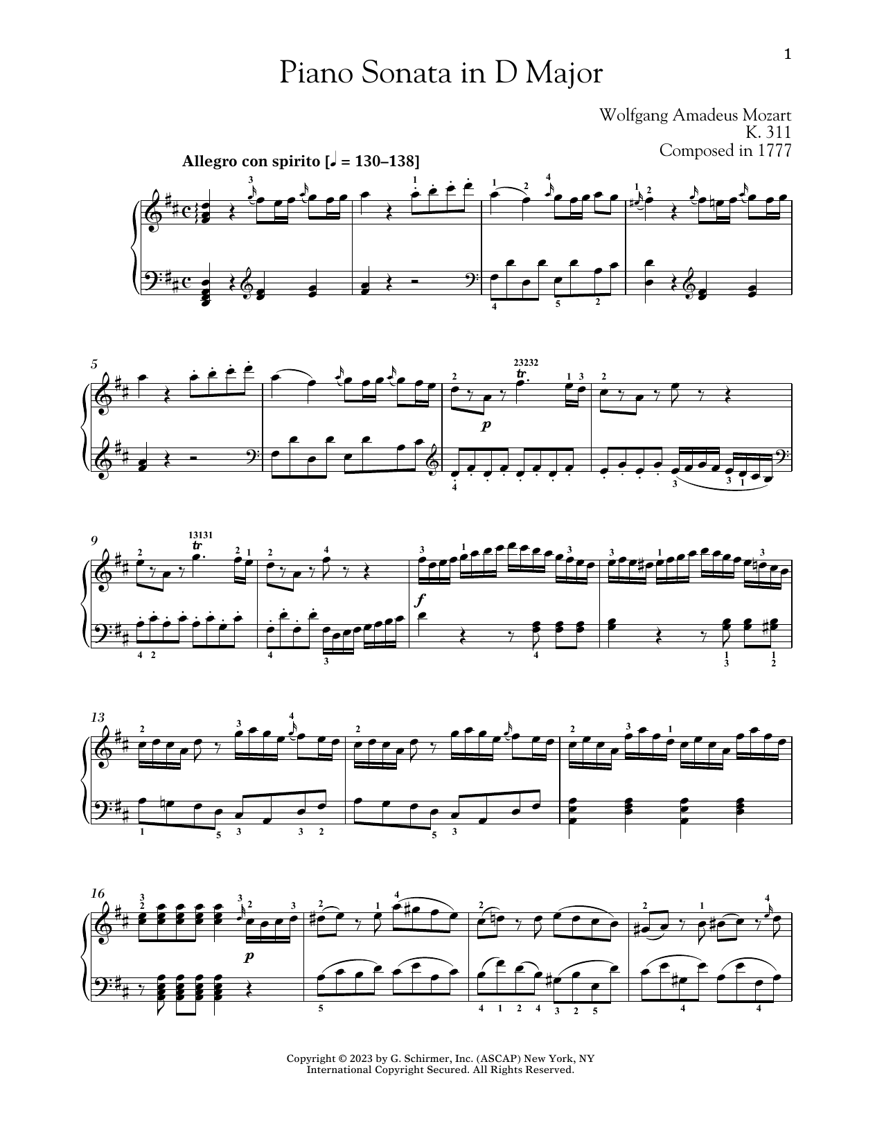 Wolfgang Amadeus Mozart Piano Sonata In D Major, K. 311 Sheet Music Notes & Chords for Piano Solo - Download or Print PDF
