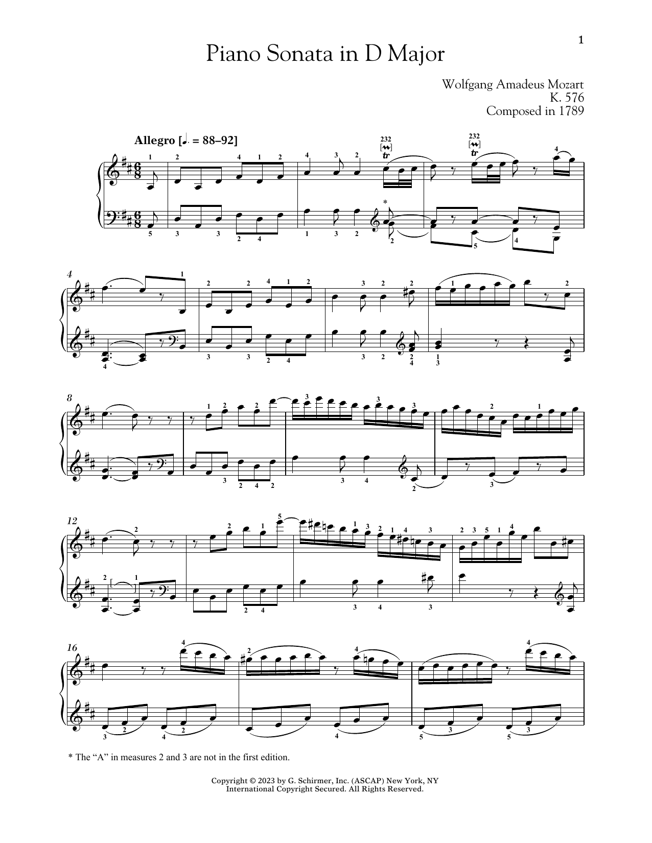 Wolfgang Amadeus Mozart Piano Sonata In D Major, K. 576 Sheet Music Notes & Chords for Piano Solo - Download or Print PDF
