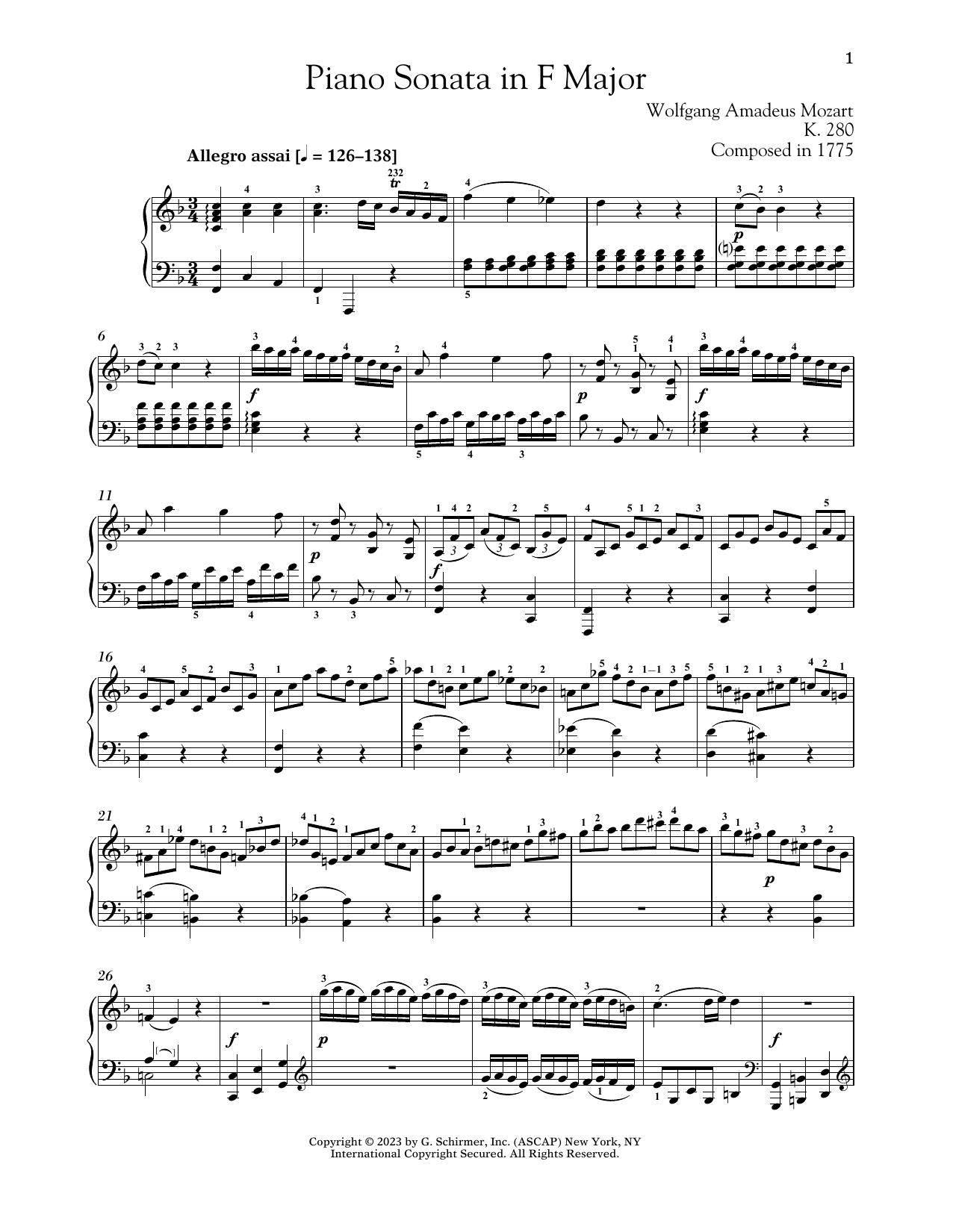 Wolfgang Amadeus Mozart Piano Sonata In F Major, K. 280 Sheet Music Notes & Chords for Piano Solo - Download or Print PDF