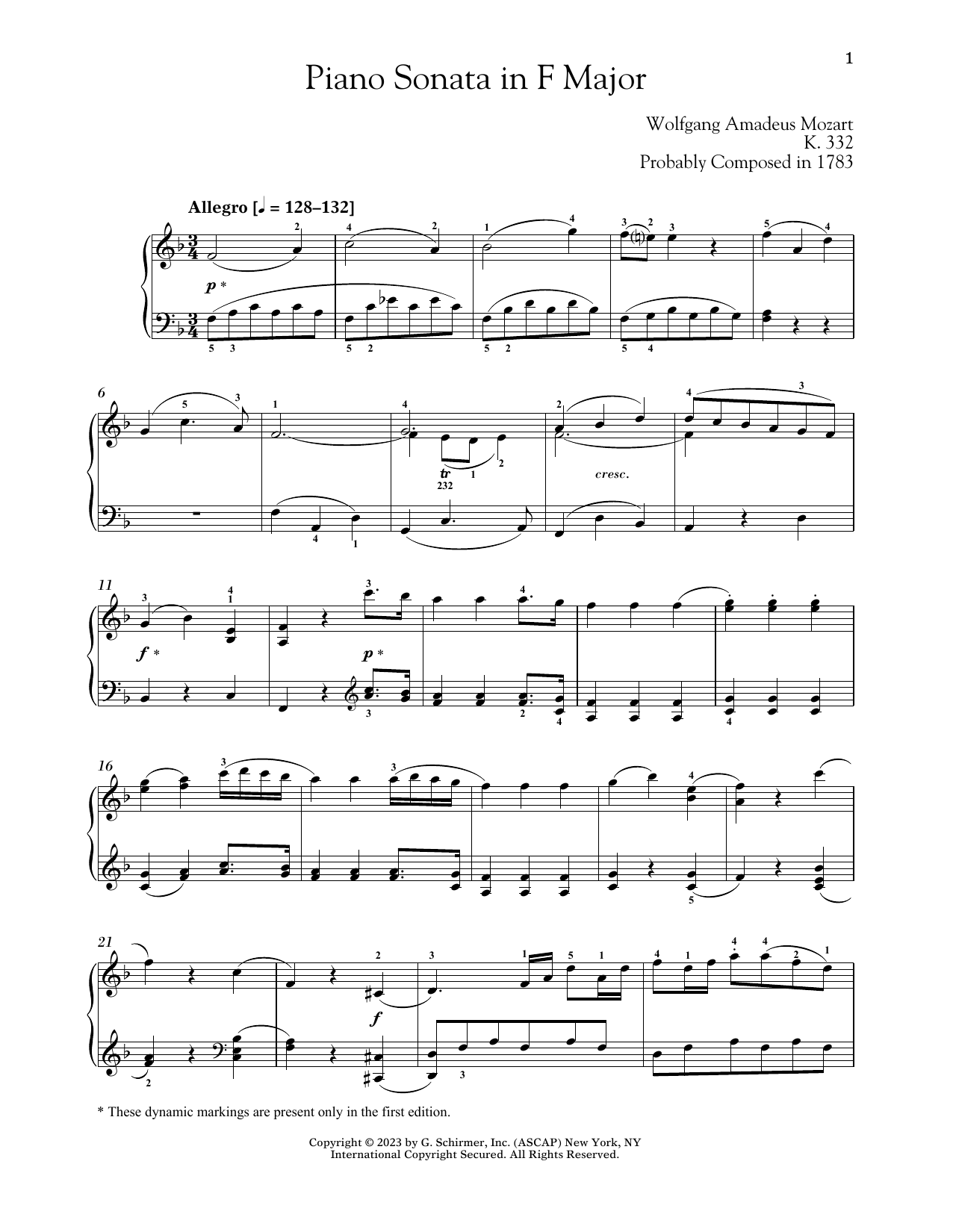 Wolfgang Amadeus Mozart Piano Sonata In F Major, K. 332 Sheet Music Notes & Chords for Piano Solo - Download or Print PDF