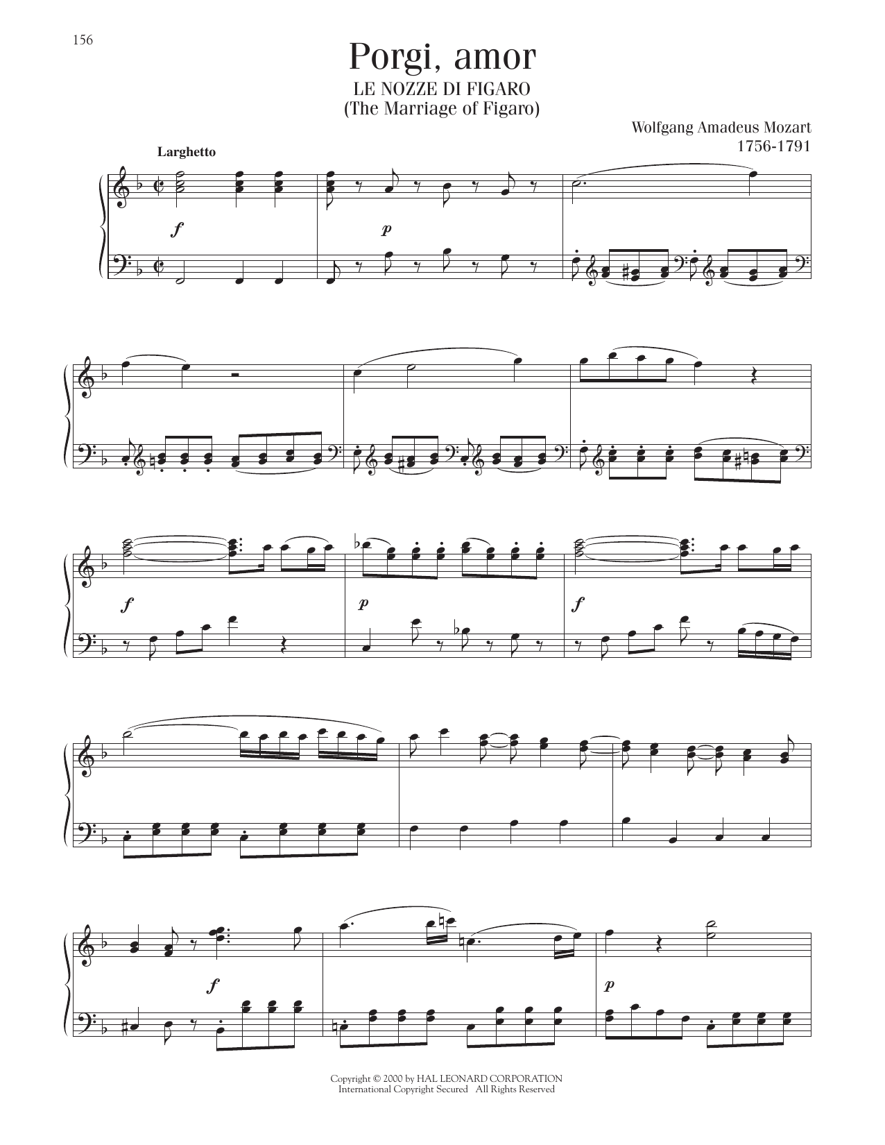 Wolfgang Amadeus Mozart Porgi, Amor Sheet Music Notes & Chords for Piano Solo - Download or Print PDF
